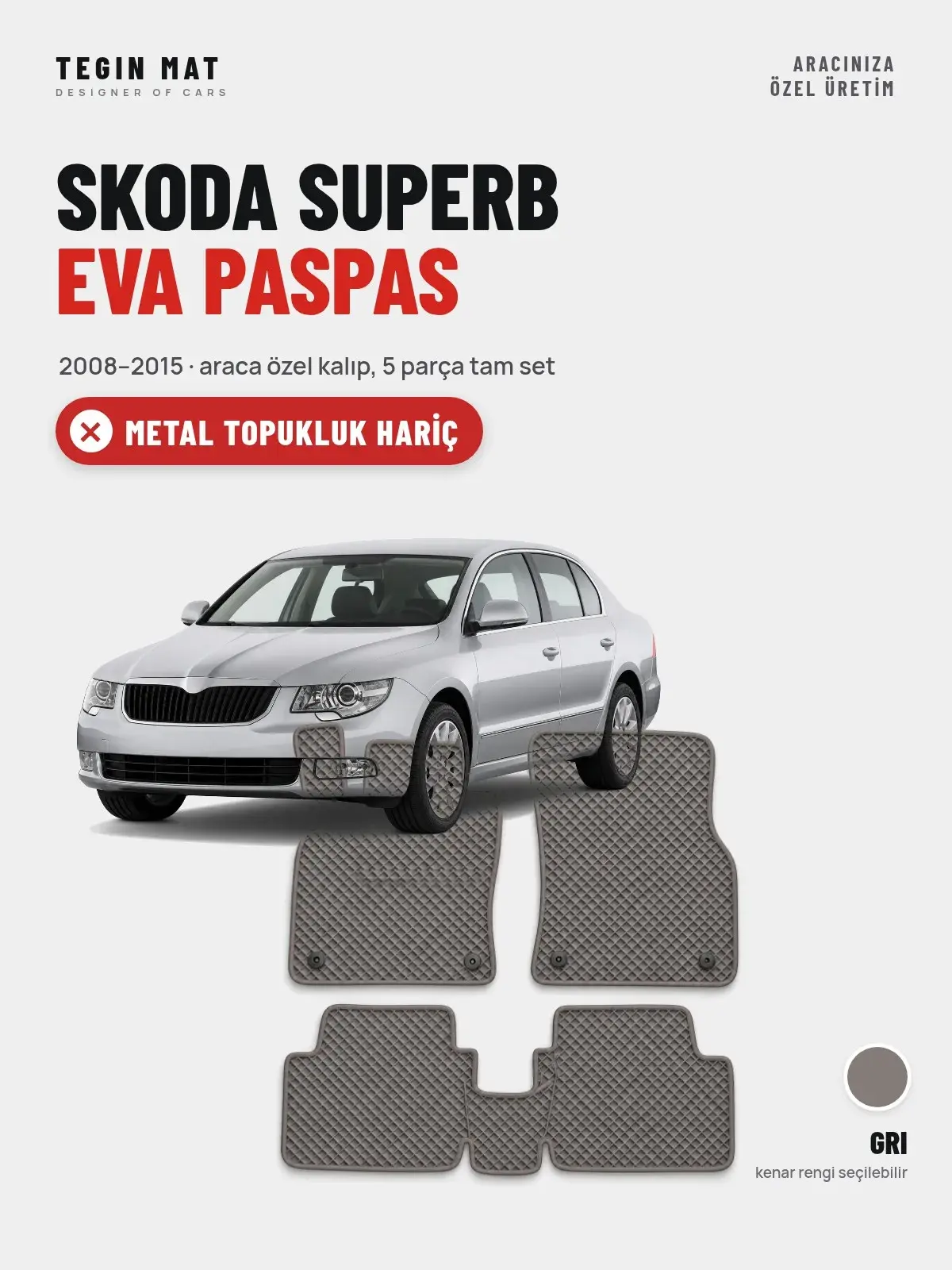 Skoda Superb EVA Oto Paspas Tam Set (2008–2015) Gri – Metal Topukluk Hariç (1)