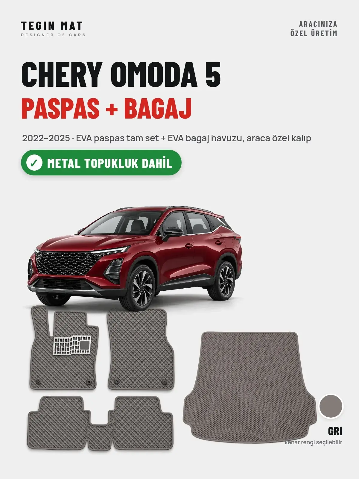 Chery Omoda 5 EVA Paspas + Bagaj Havuzu Seti (2022–2025) Gri – Metal Topukluk Dahil (1)