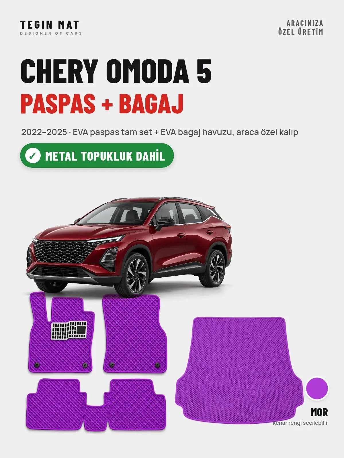 Chery Omoda 5 EVA Paspas + Bagaj Havuzu Seti (2022–2025) Mor – Metal Topukluk Dahil (1)