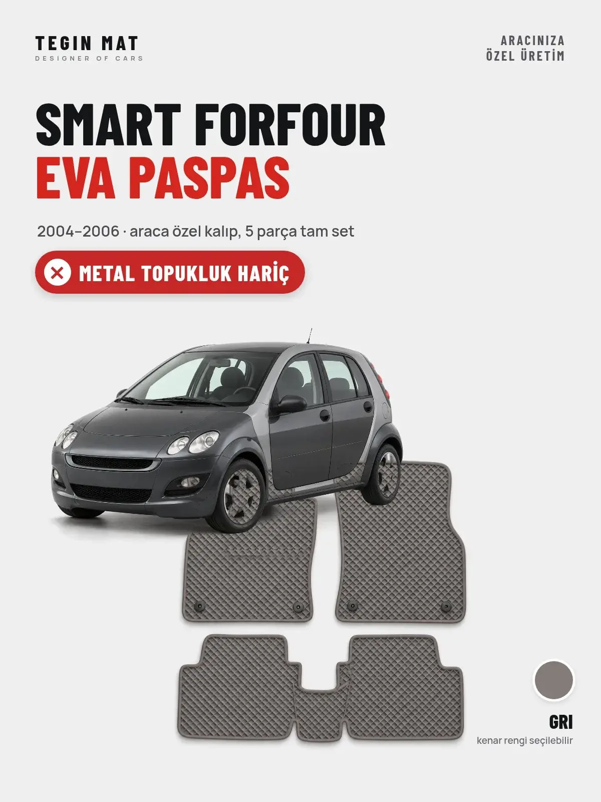Smart Forfour EVA Oto Paspas Tam Set (2004–2006) Gri – Metal Topukluk Hariç (1)