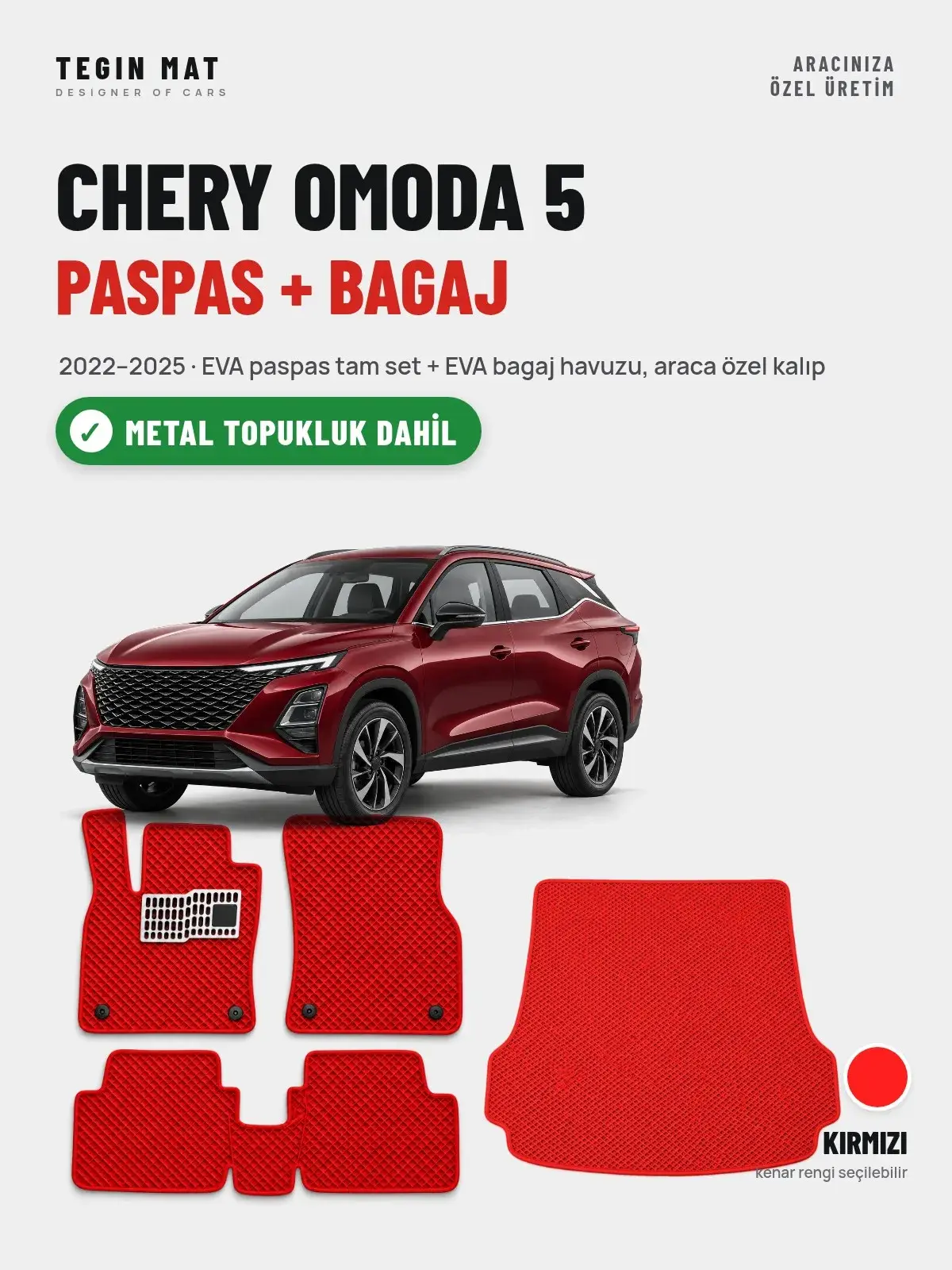 Chery Omoda 5 EVA Paspas + Bagaj Havuzu Seti (2022–2025) Kırmızı – Metal Topukluk Dahil (1)