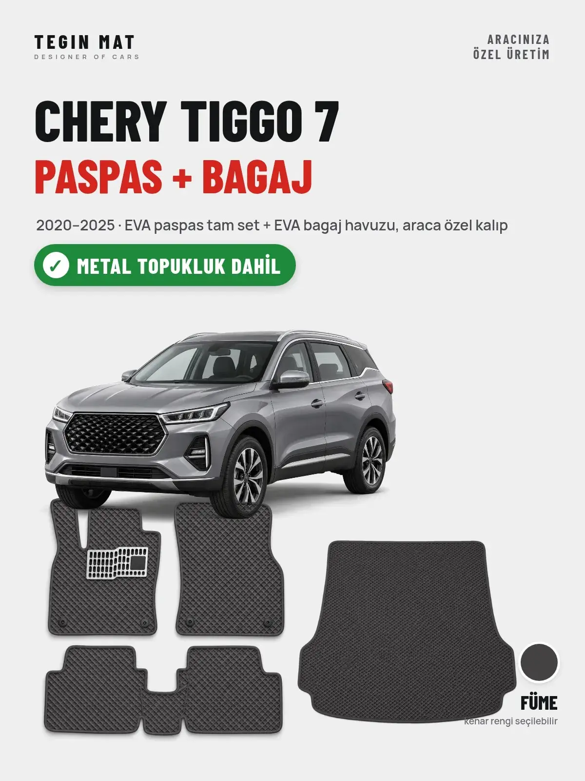 Chery Tiggo 7 EVA Paspas + Bagaj Havuzu Seti (2020–2025) Füme – Metal Topukluk Dahil (1)