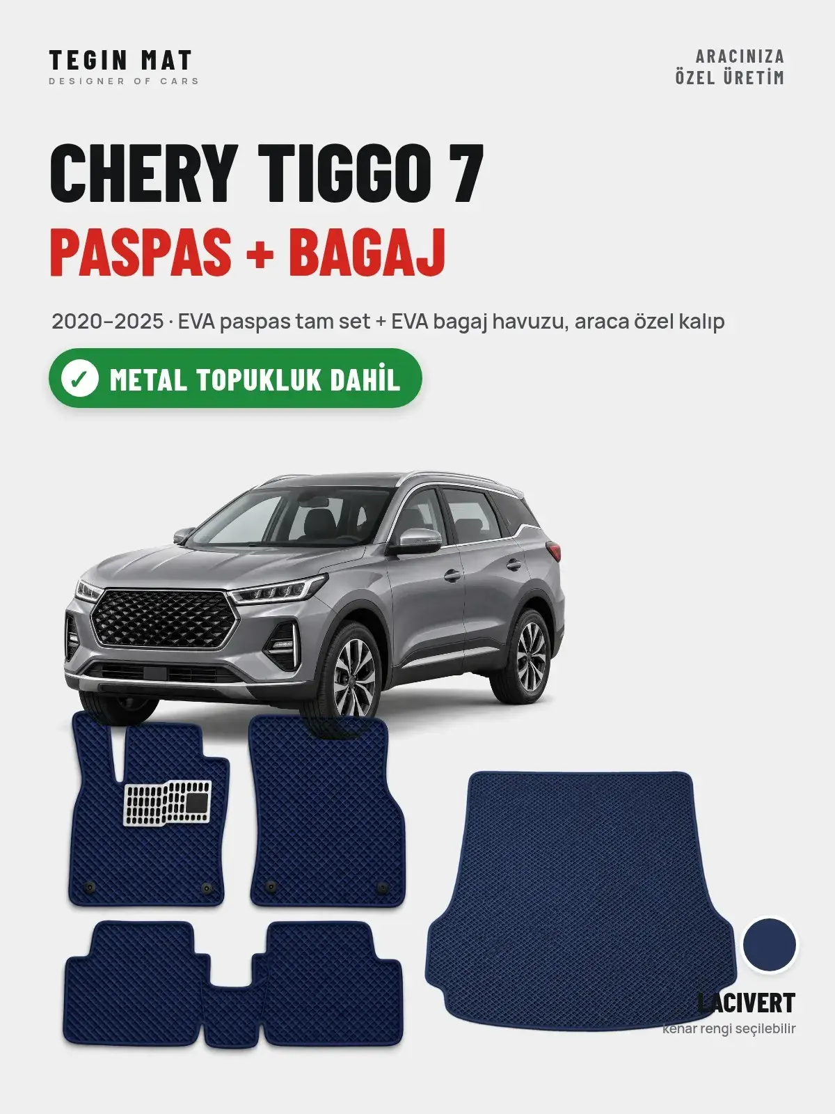 Chery Tiggo 7 EVA Paspas + Bagaj Havuzu Seti (2020–2025) Lacivert – Metal Topukluk Dahil (1)