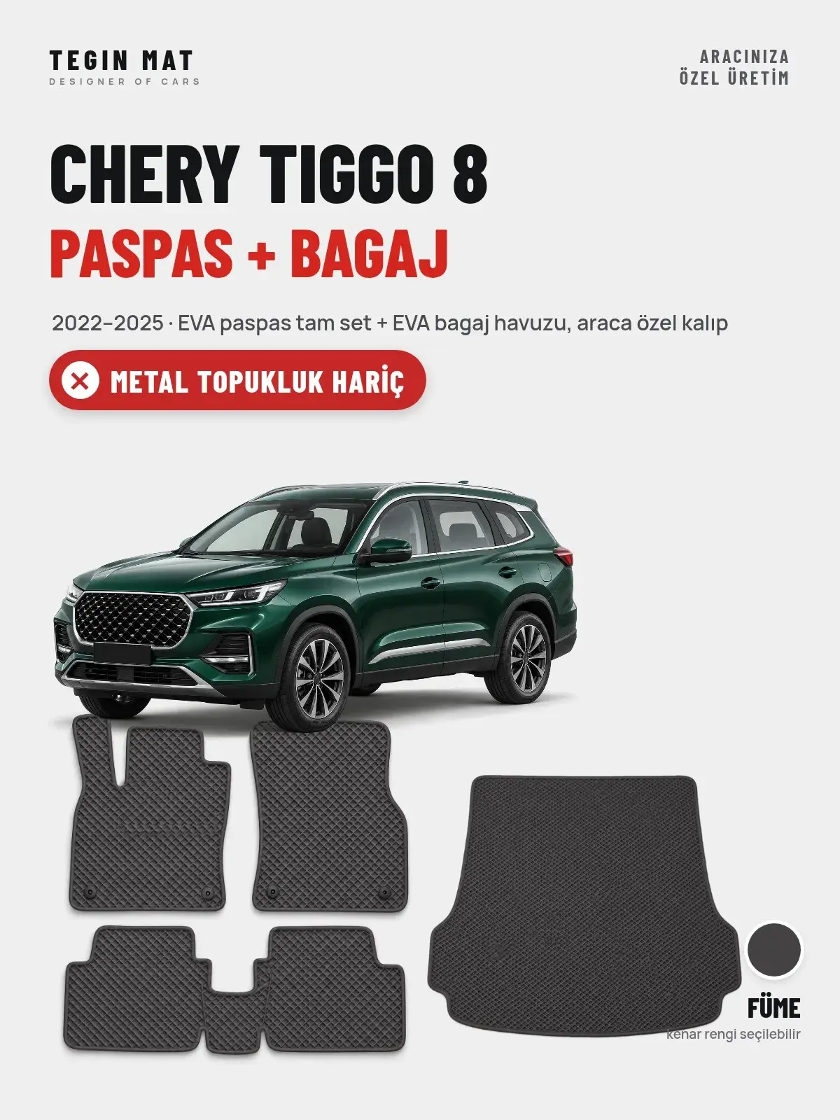 Chery Tiggo 8 EVA Paspas + Bagaj Havuzu Seti (2022–2025) Füme – Metal Topukluk Hariç (1)