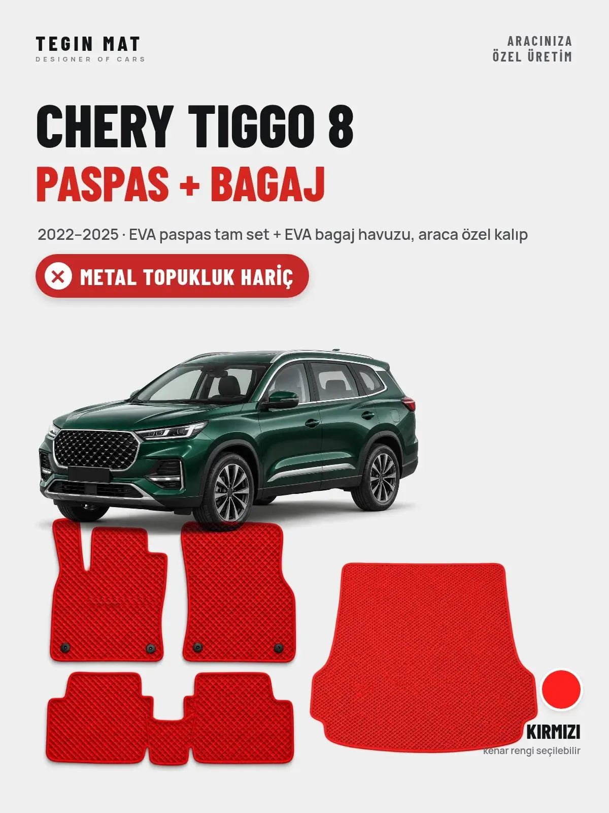 Chery Tiggo 8 EVA Paspas + Bagaj Havuzu Seti (2022–2025) Kırmızı – Metal Topukluk Hariç (1)
