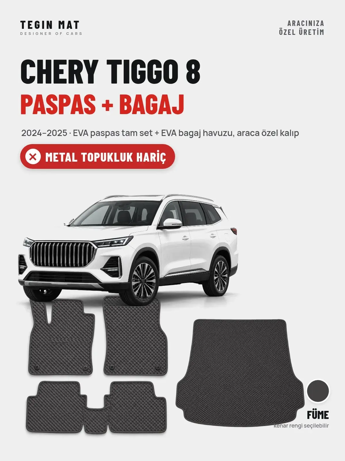 Chery Tiggo 8 EVA Paspas + Bagaj Havuzu Seti (2024–2025) Füme – Metal Topukluk Hariç (1)