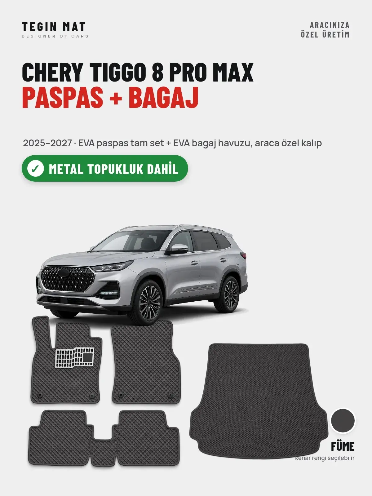 Chery Tiggo 8 Pro Max EVA Paspas + Bagaj Havuzu Seti (2025–2027) Füme – Metal Topukluk Dahil (1)
