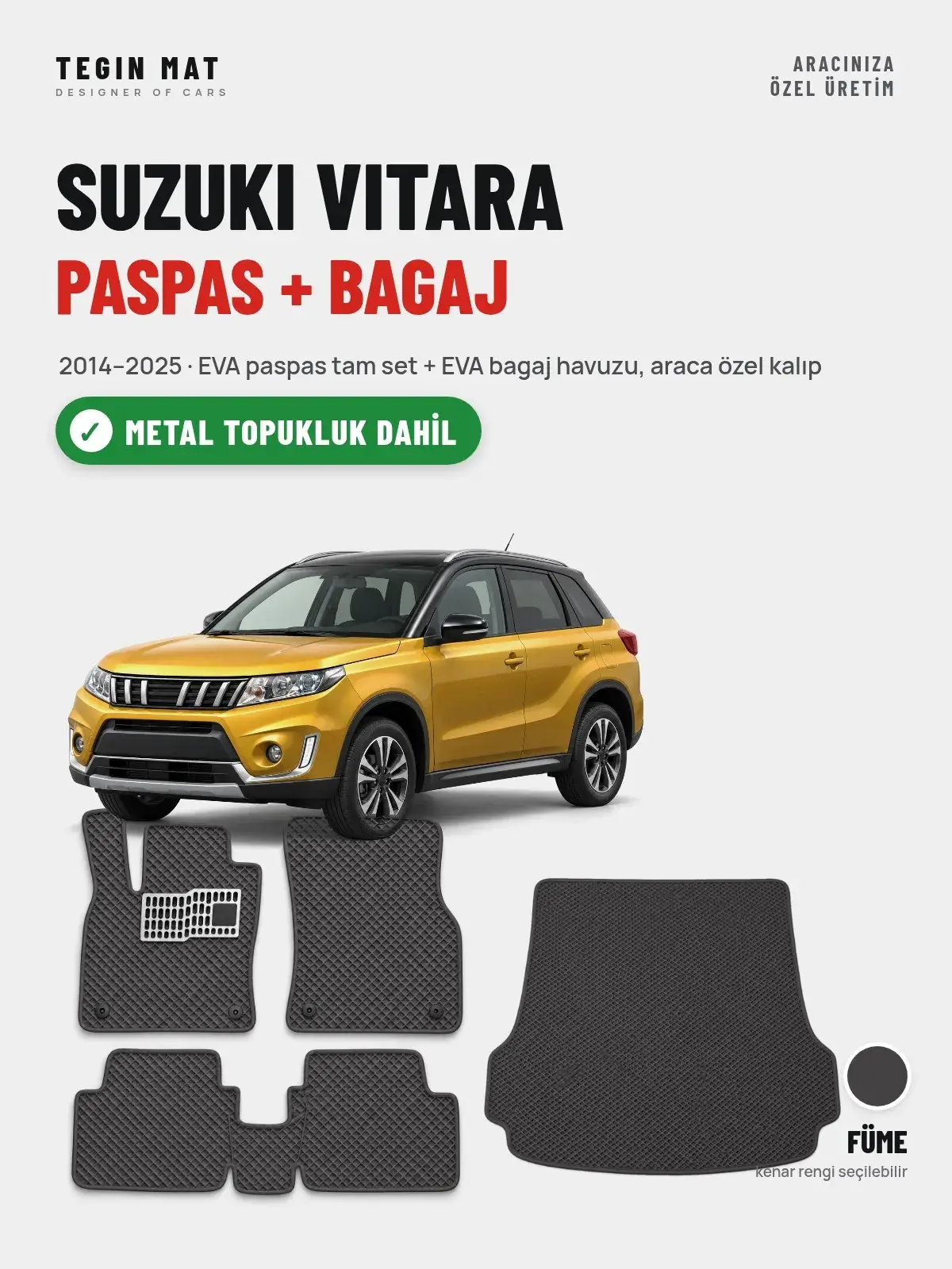 Suzuki Vitara EVA Paspas + Bagaj Havuzu Seti (2014–2025) Füme – Metal Topukluk Dahil (1)