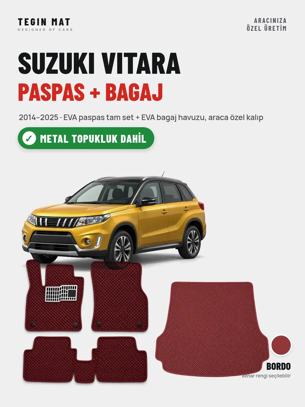 Suzuki Vitara EVA Paspas + Bagaj Havuzu Seti (2014–2025) Bordo – Metal Topukluk Dahil (1)