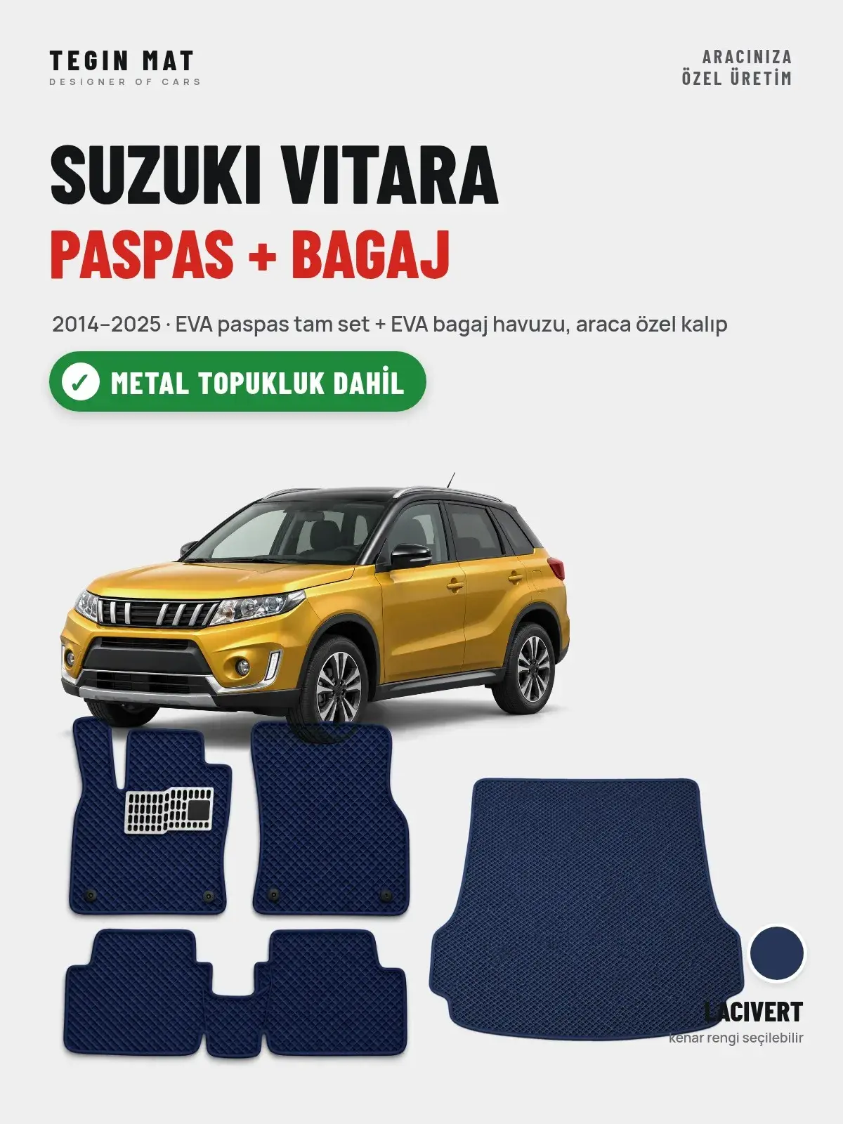 Suzuki Vitara EVA Paspas + Bagaj Havuzu Seti (2014–2025) Lacivert – Metal Topukluk Dahil (1)