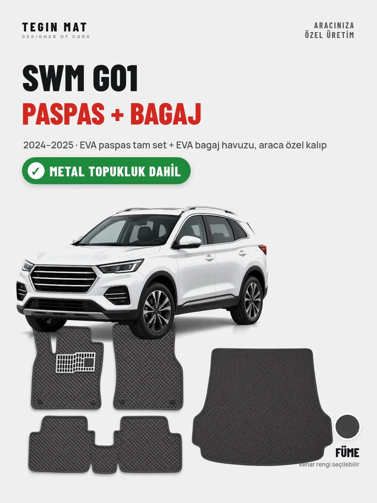 SWM G01 EVA Paspas + Bagaj Havuzu Seti (2024–2025) Füme – Metal Topukluk Dahil (1)