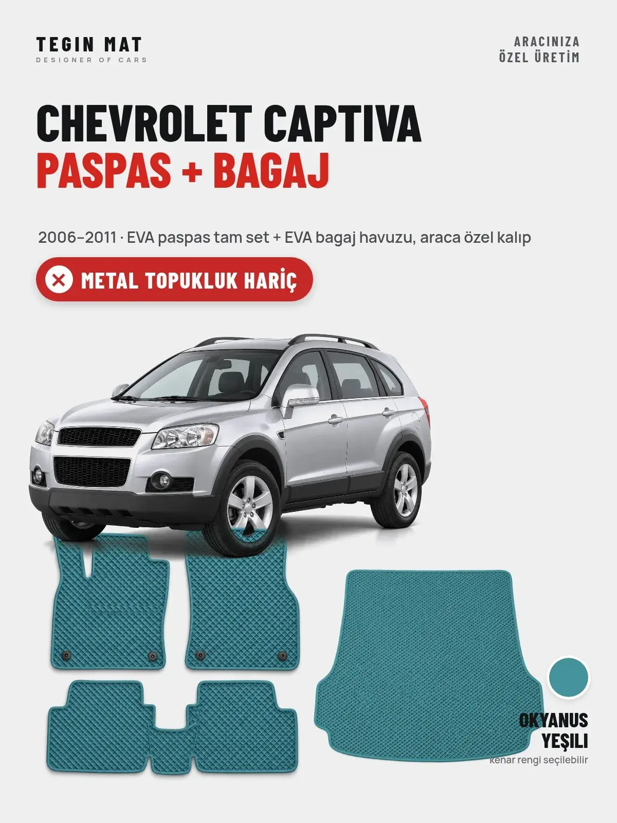 Chevrolet Captiva EVA Paspas + Bagaj Havuzu Seti (2006–2011) Okyanus Yeşili – Metal Topukluk Hariç (1)