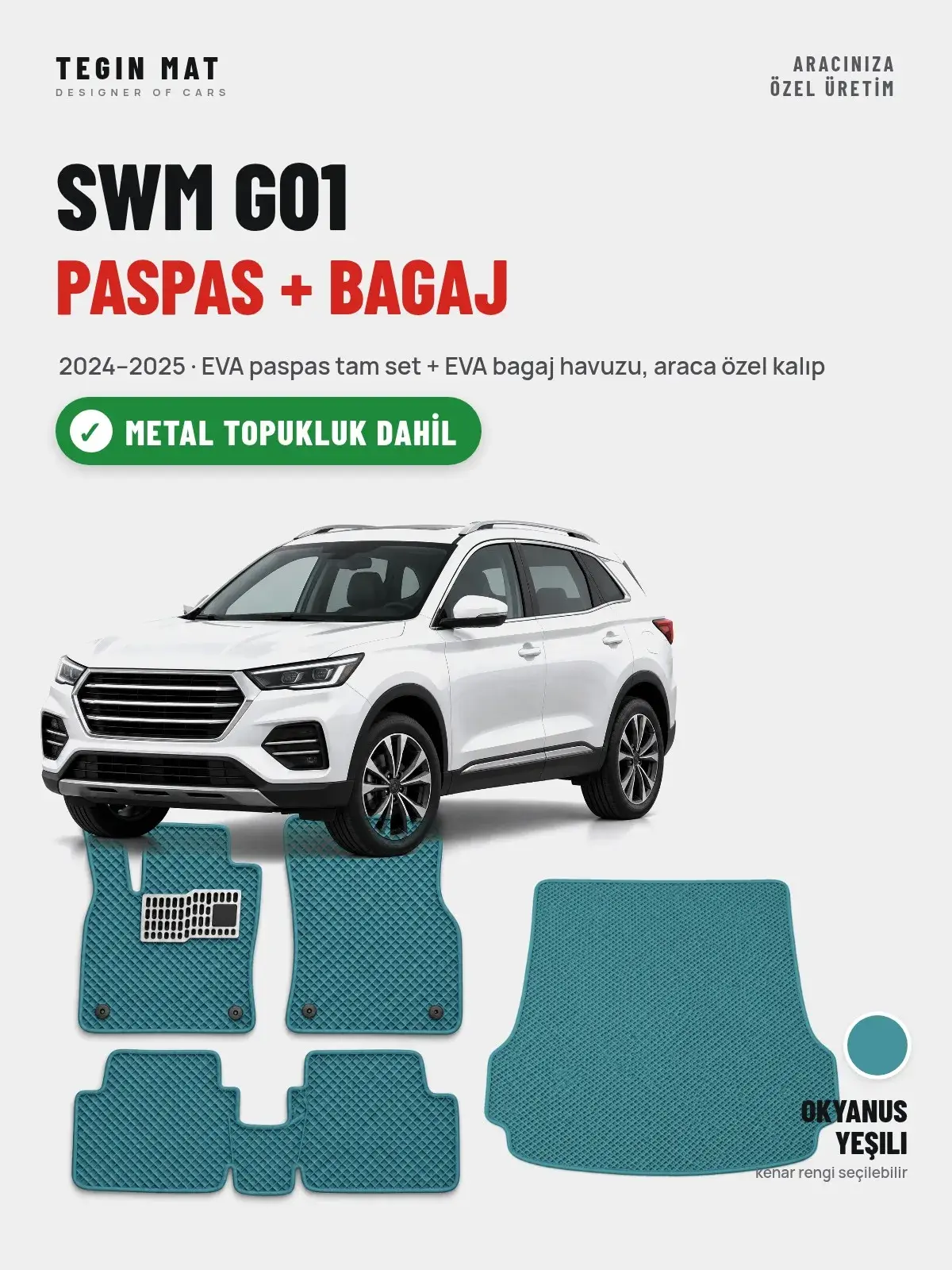 SWM G01 EVA Paspas + Bagaj Havuzu Seti (2024–2025) Okyanus Yeşili – Metal Topukluk Dahil (1)
