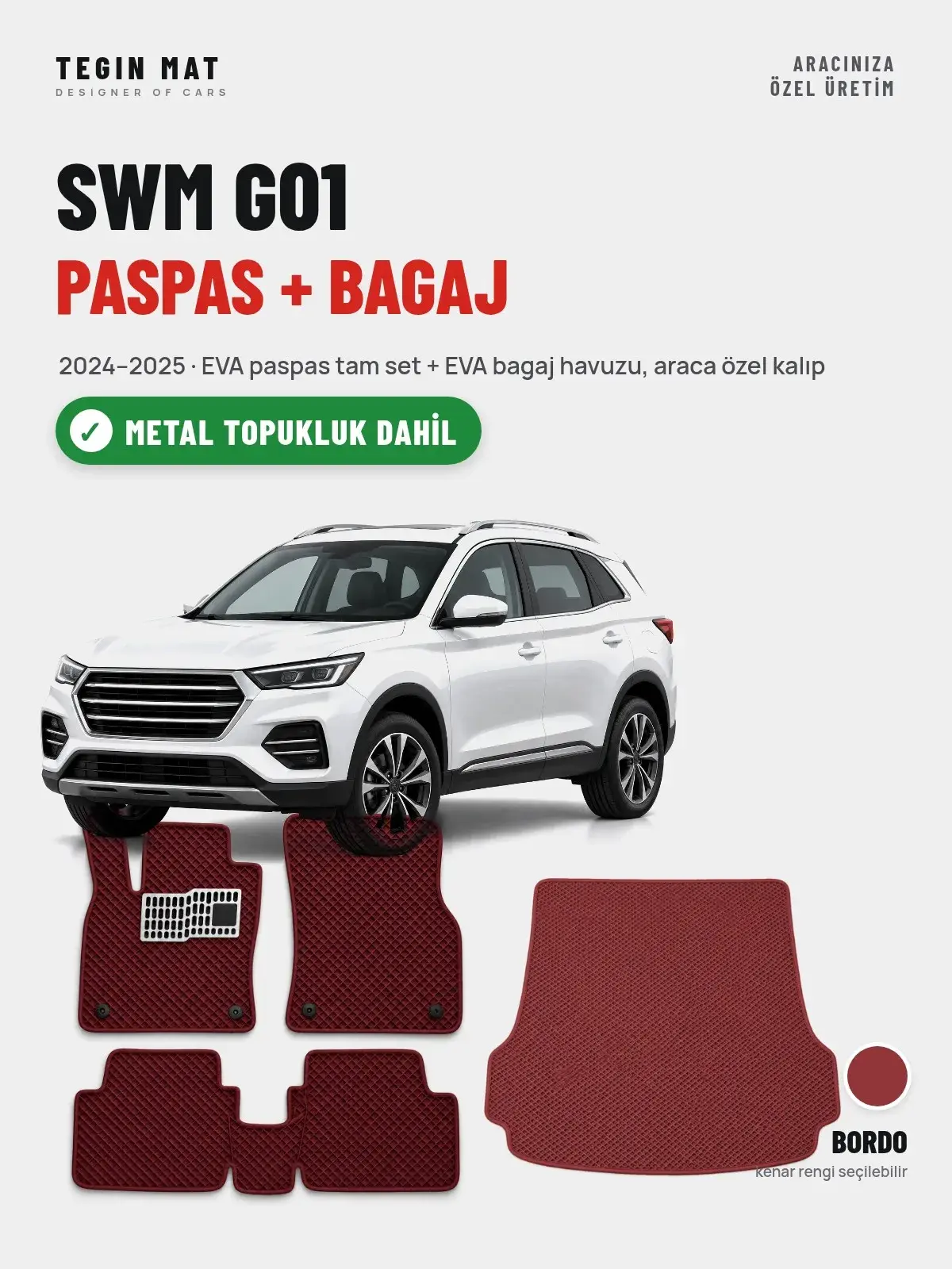 SWM G01 EVA Paspas + Bagaj Havuzu Seti (2024–2025) Bordo – Metal Topukluk Dahil (1)