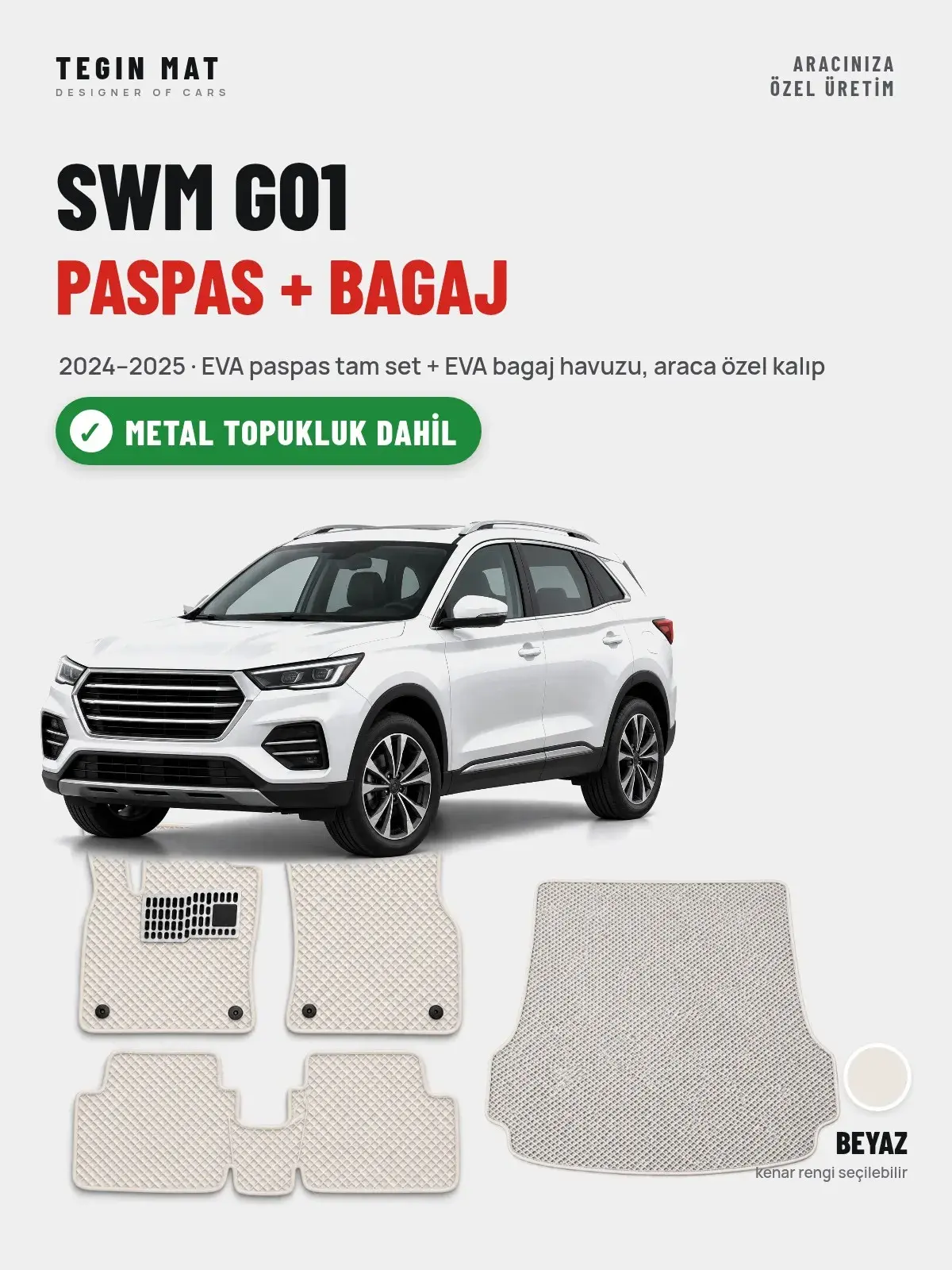 SWM G01 EVA Paspas + Bagaj Havuzu Seti (2024–2025) Beyaz – Metal Topukluk Dahil (1)
