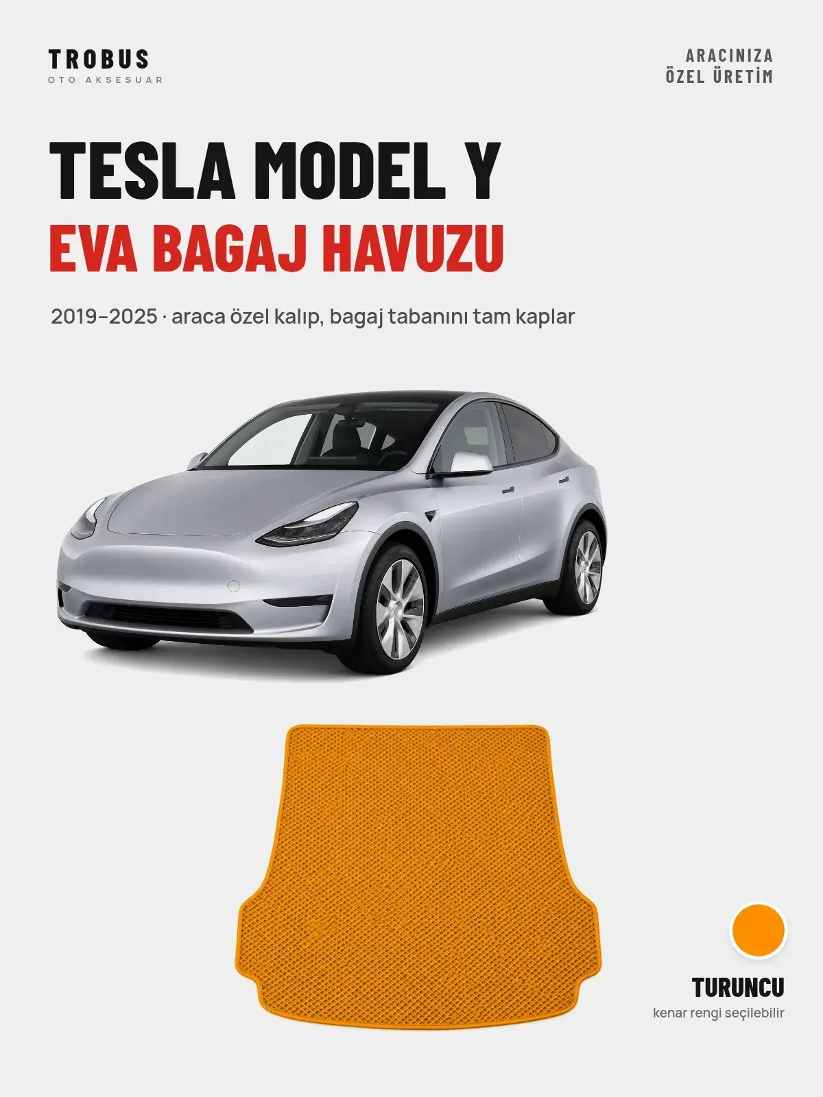 Tesla Model Y EVA Bagaj Havuzu (2019–2025) Turuncu – Araca Özel Kalıp (1)