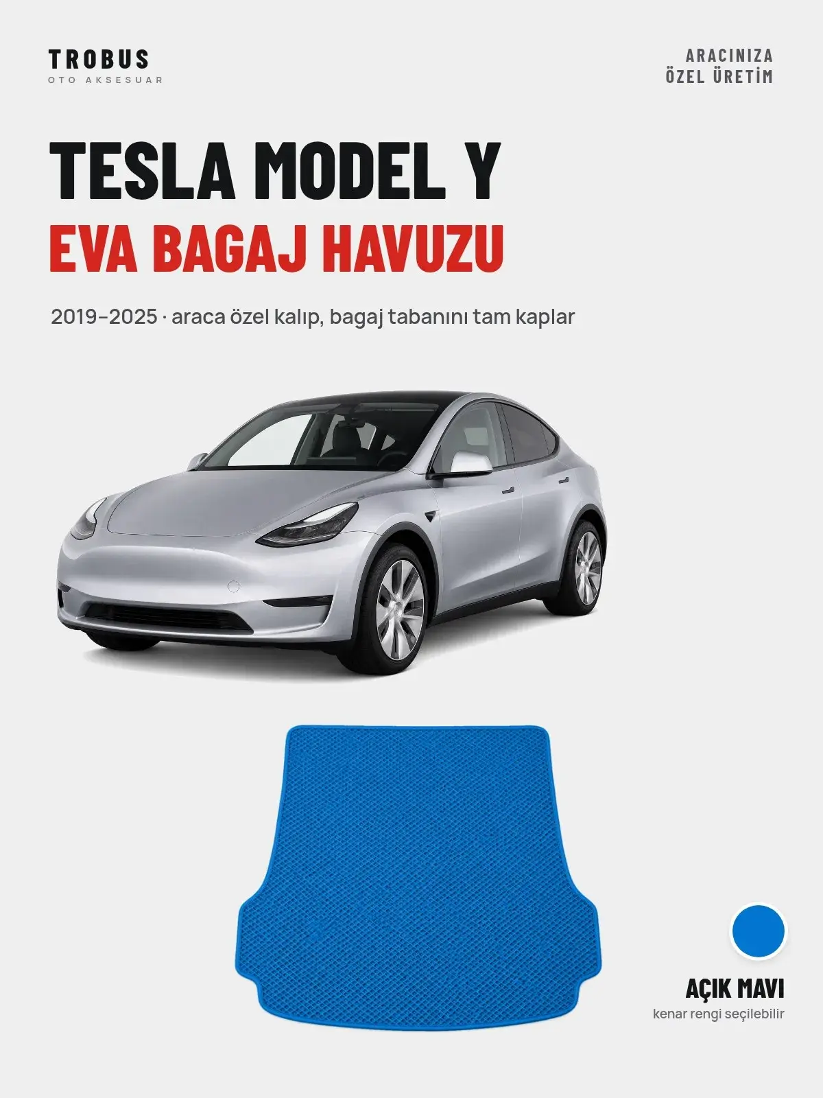 Tesla Model Y EVA Bagaj Havuzu (2019–2025) Açık Mavi – Araca Özel Kalıp (1)