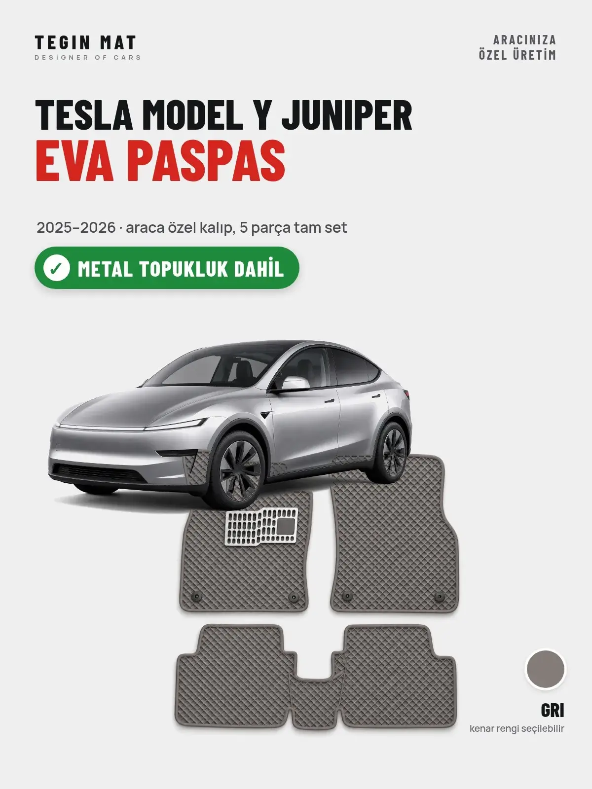 Tesla Model Y Juniper EVA Oto Paspas Tam Set (2025–2026) Gri – Metal Topukluk Dahil (1)