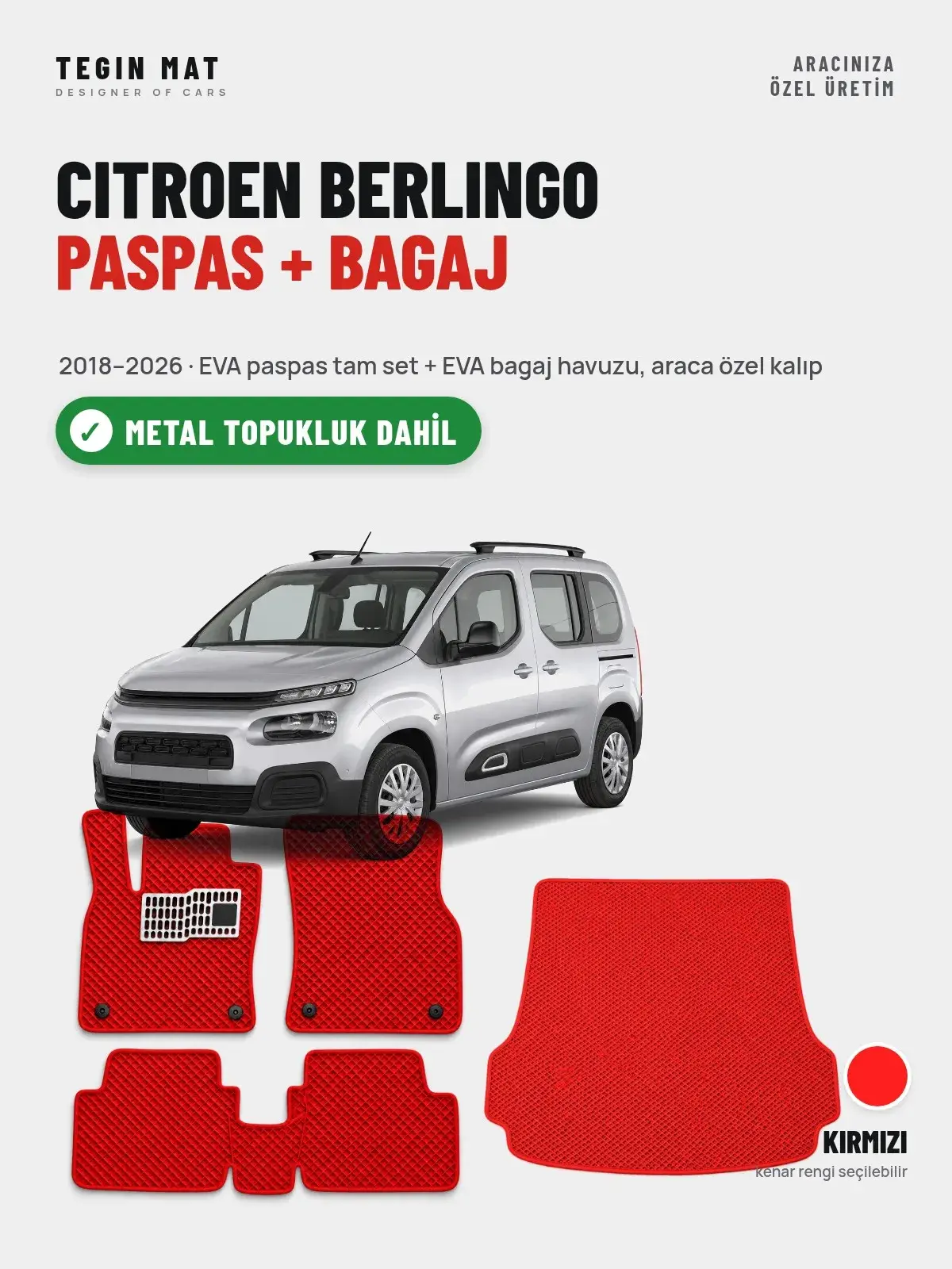 Citroen Berlingo EVA Paspas + Bagaj Havuzu Seti (2018–2026) Kırmızı – Metal Topukluk Dahil (1)