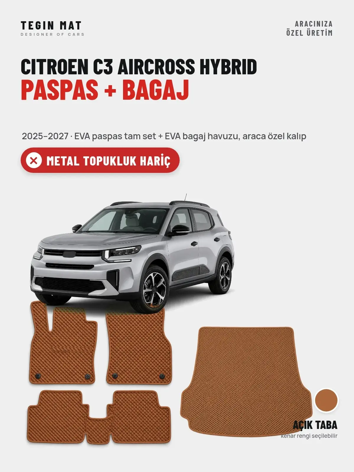 Citroen C3 Aircross Hybrid EVA Paspas + Bagaj Havuzu Seti (2025–2027) Açık Taba – Metal Topukluk Hariç (1)