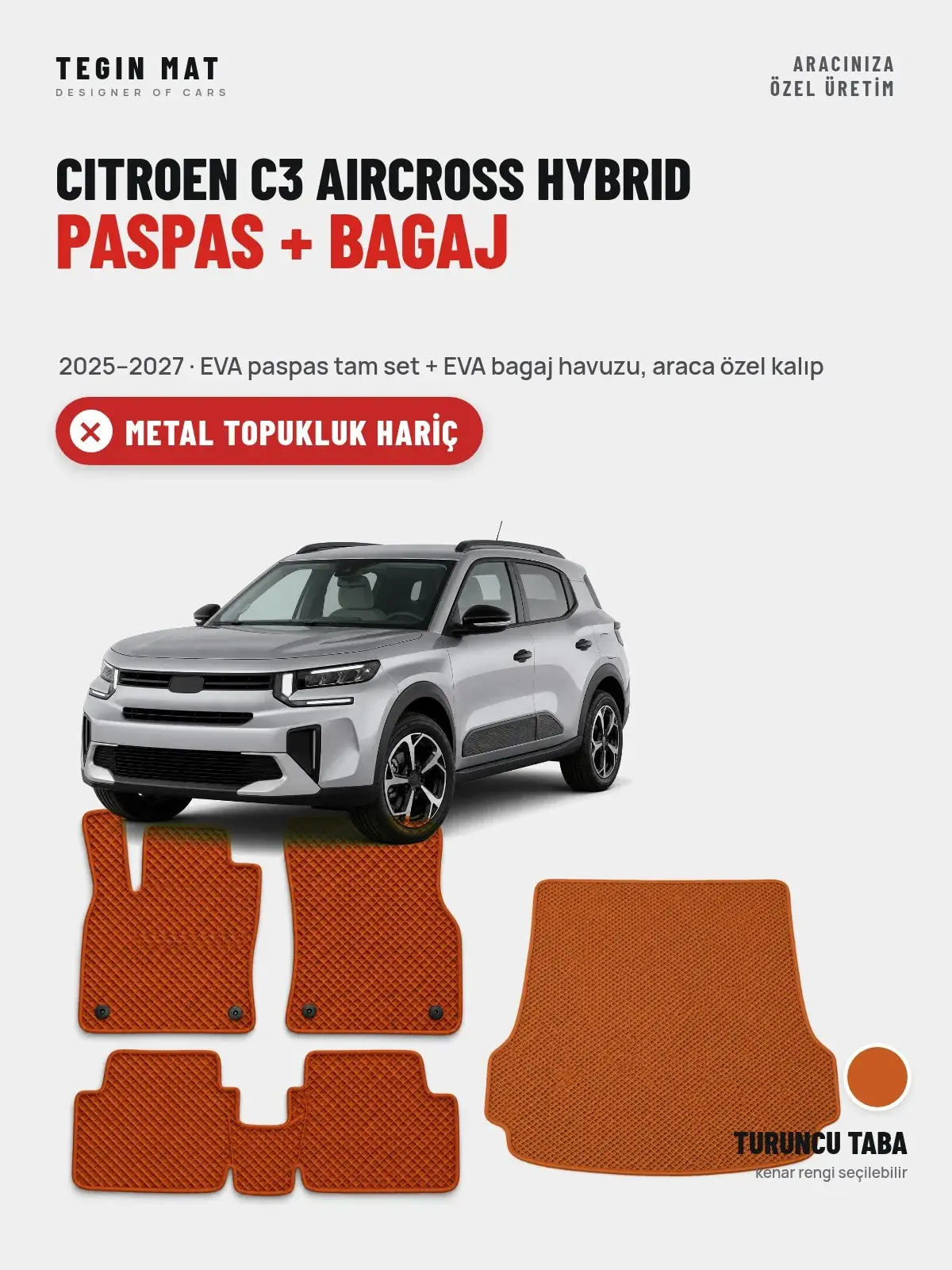 Citroen C3 Aircross Hybrid EVA Paspas + Bagaj Havuzu Seti (2025–2027) Turuncu Taba – Metal Topukluk Hariç (1)