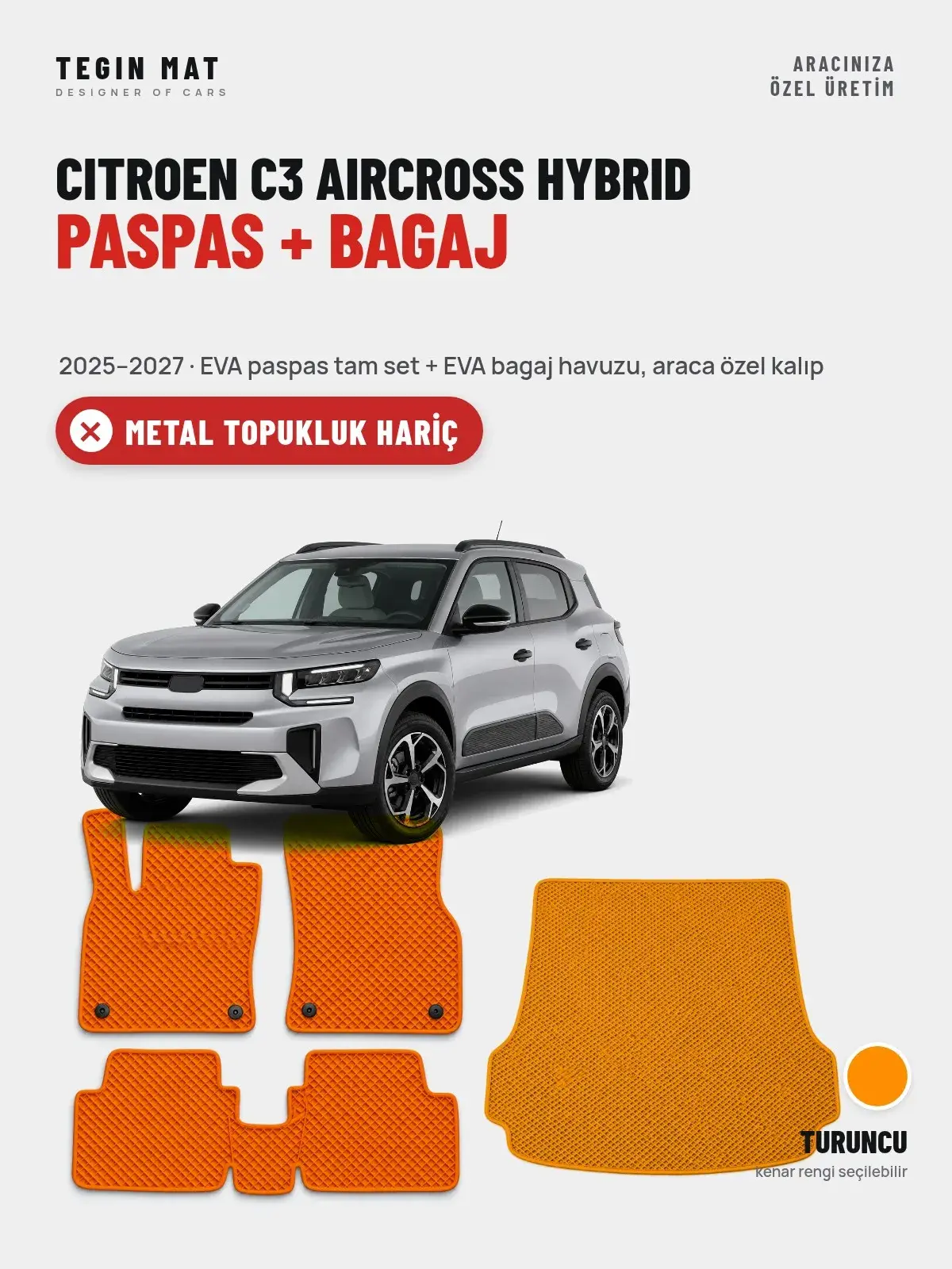 Citroen C3 Aircross Hybrid EVA Paspas + Bagaj Havuzu Seti (2025–2027) Turuncu – Metal Topukluk Hariç (1)