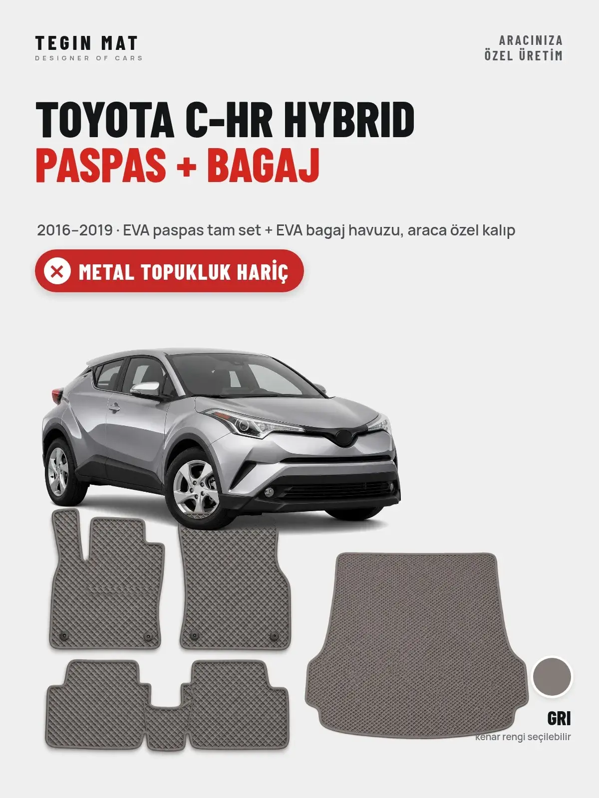 Toyota C-HR Hybrid EVA Paspas + Bagaj Havuzu Seti (2016–2019) Gri – Metal Topukluk Hariç (1)