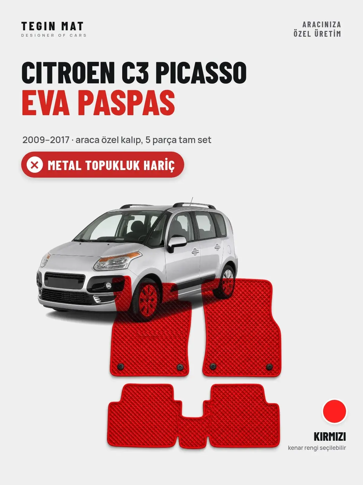 Citroen C3 Picasso EVA Oto Paspas Tam Set (2009–2017) Kırmızı – Metal Topukluk Hariç (1)