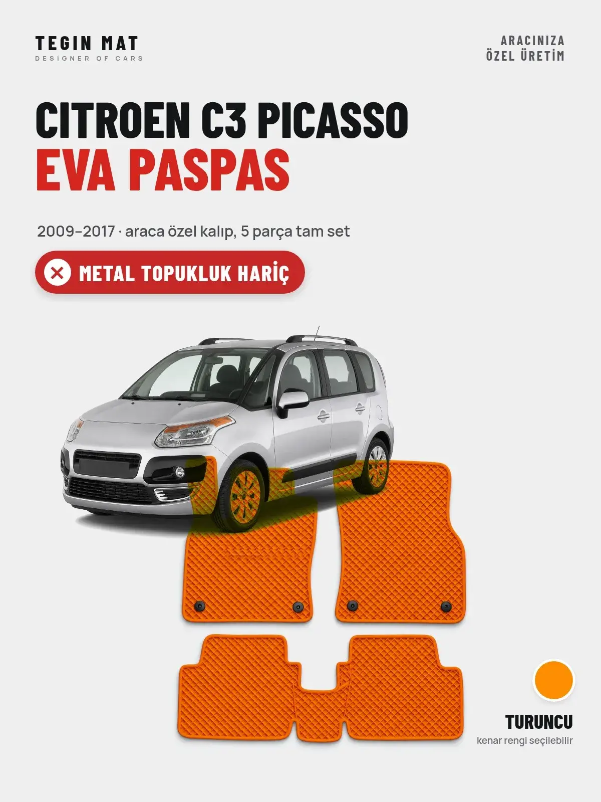 Citroen C3 Picasso EVA Oto Paspas Tam Set (2009–2017) Turuncu – Metal Topukluk Hariç (1)