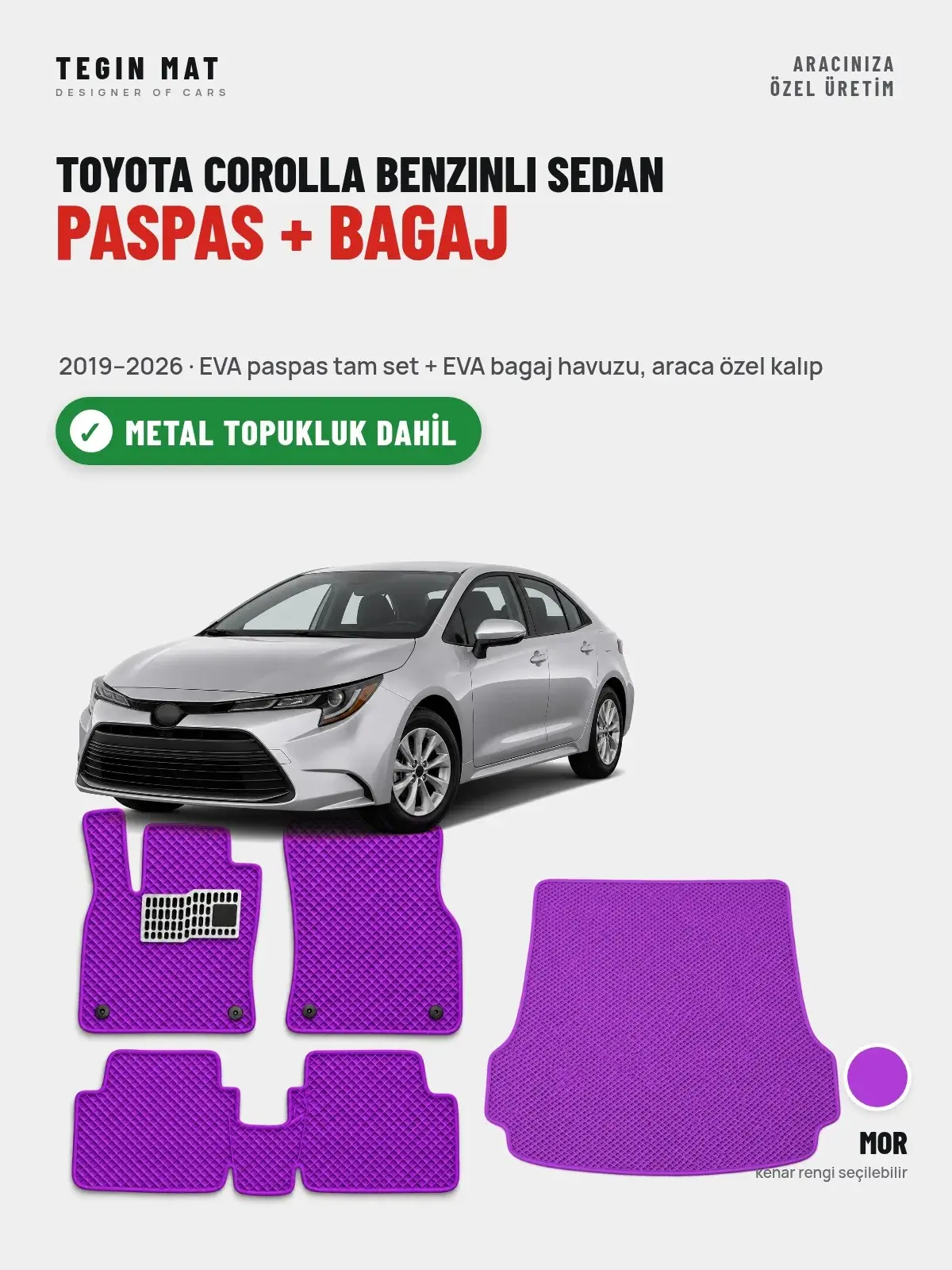 Toyota Corolla Benzinli Sedan EVA Paspas + Bagaj Havuzu Seti (2019–2026) Mor – Metal Topukluk Dahil (1)