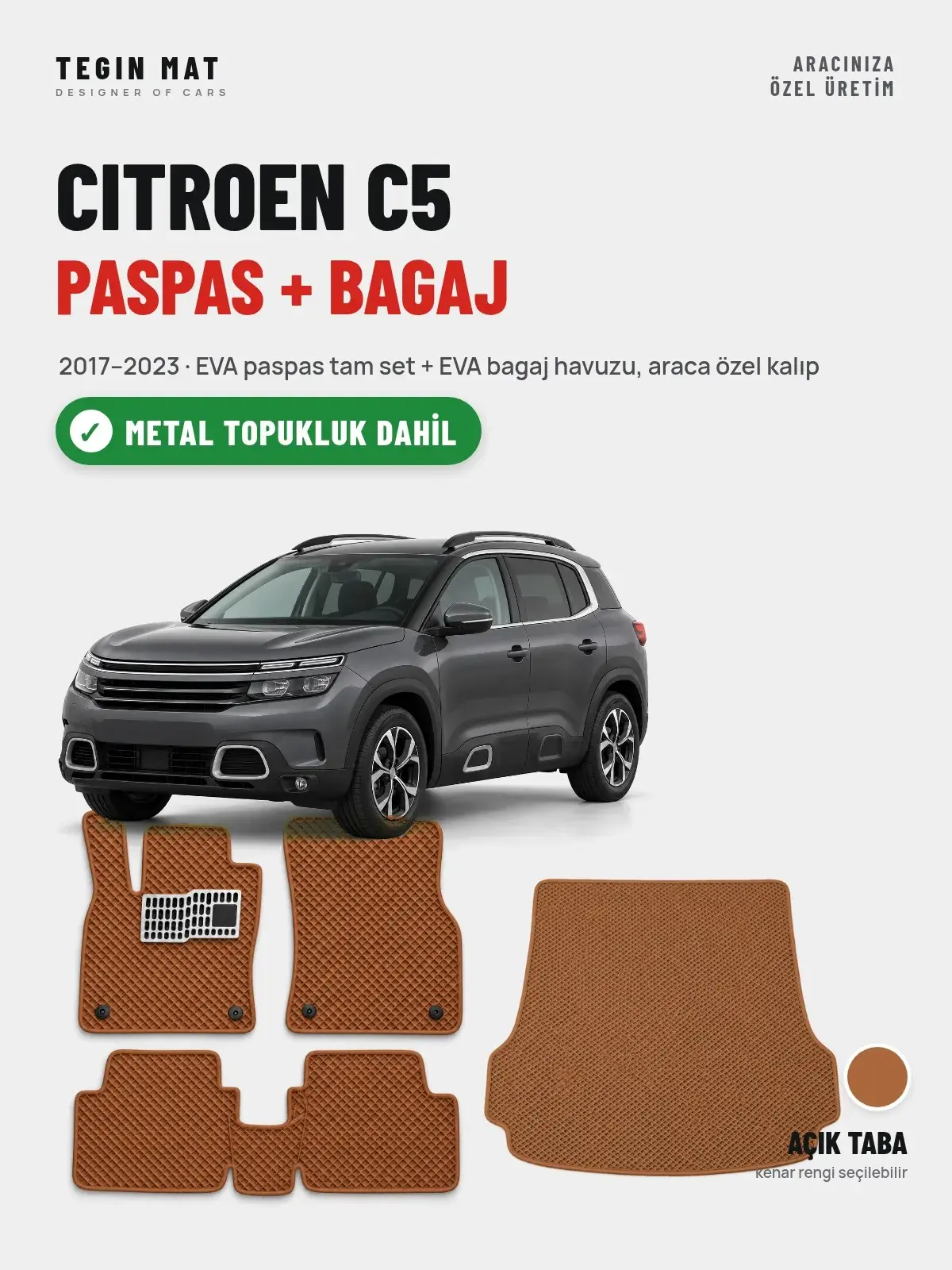 Citroen C5 EVA Paspas + Bagaj Havuzu Seti (2017–2023) Açık Taba – Metal Topukluk Dahil (1)