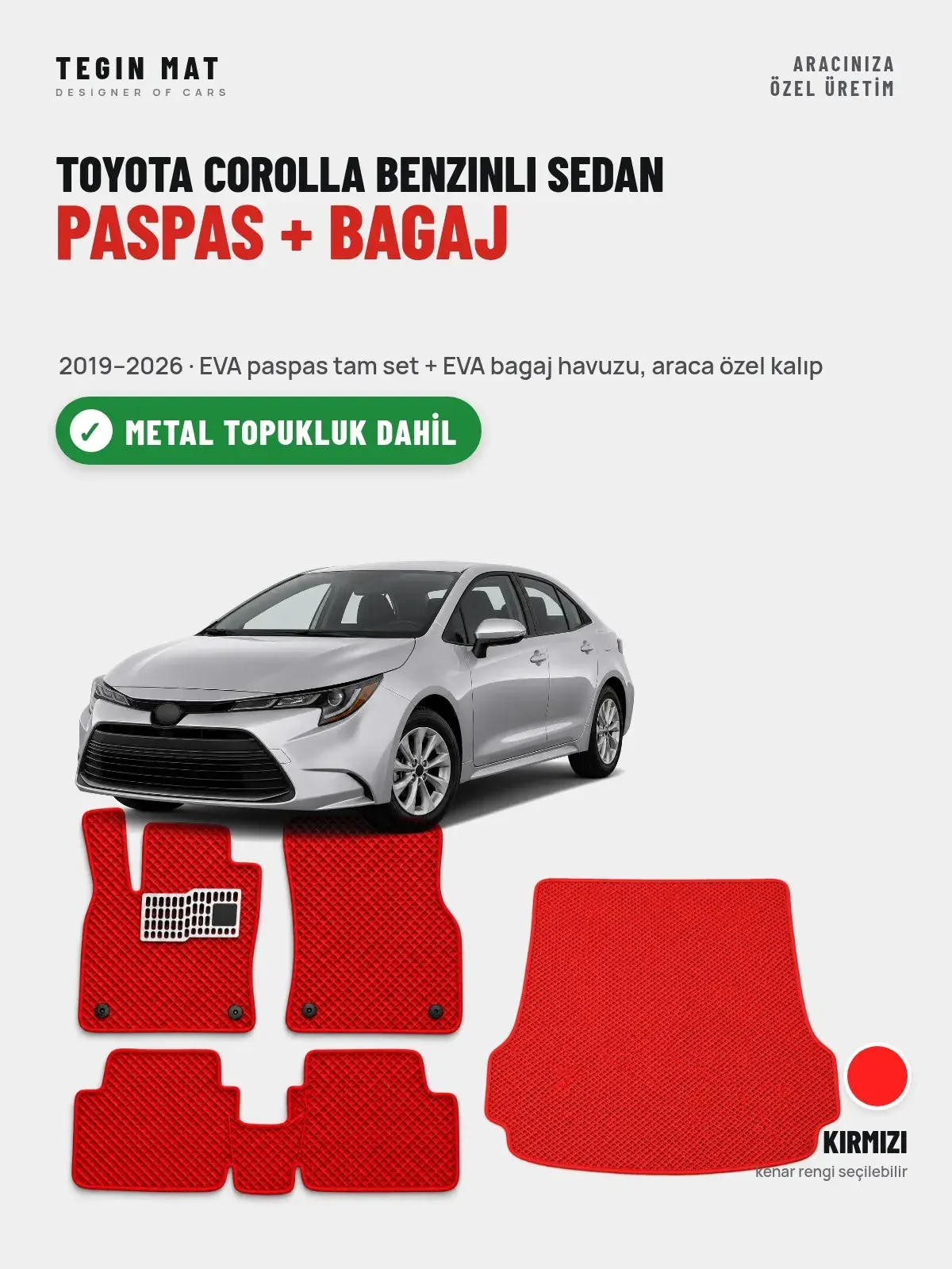 Toyota Corolla Benzinli Sedan EVA Paspas + Bagaj Havuzu Seti (2019–2026) Kırmızı – Metal Topukluk Dahil (1)