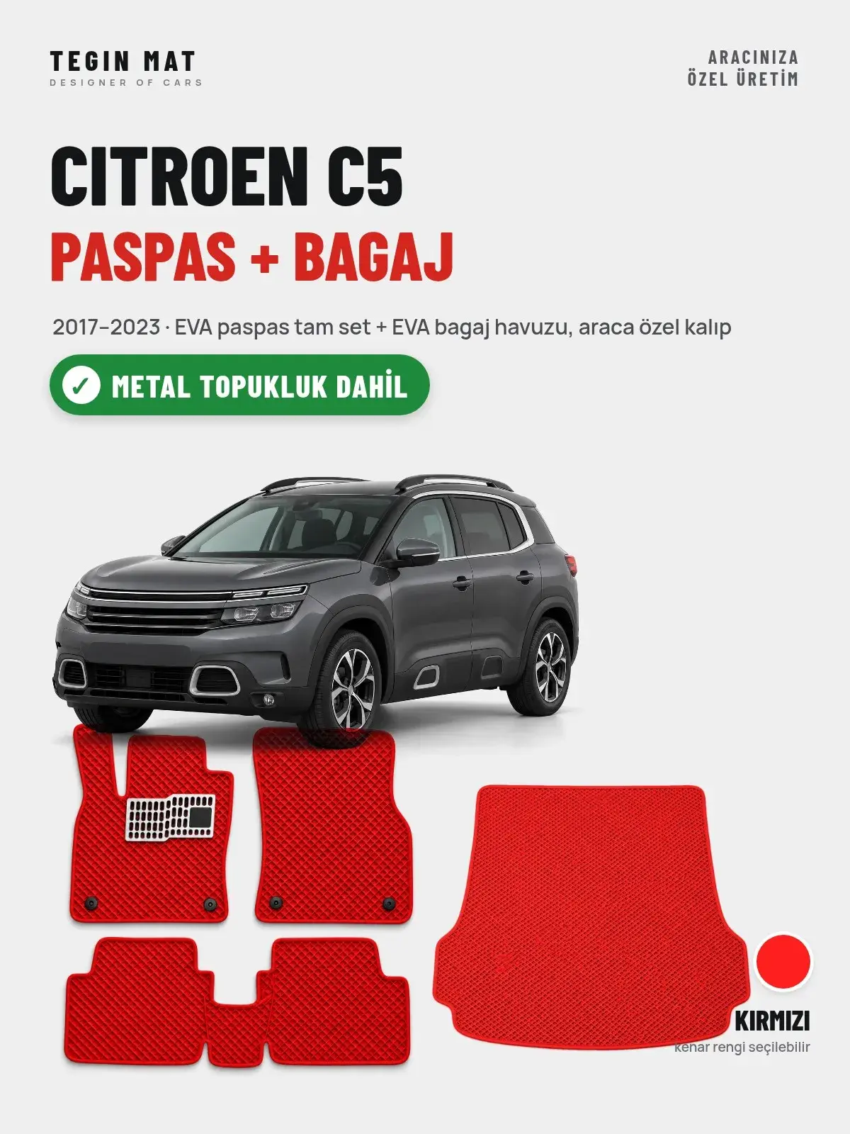 Citroen C5 EVA Paspas + Bagaj Havuzu Seti (2017–2023) Kırmızı – Metal Topukluk Dahil (1)