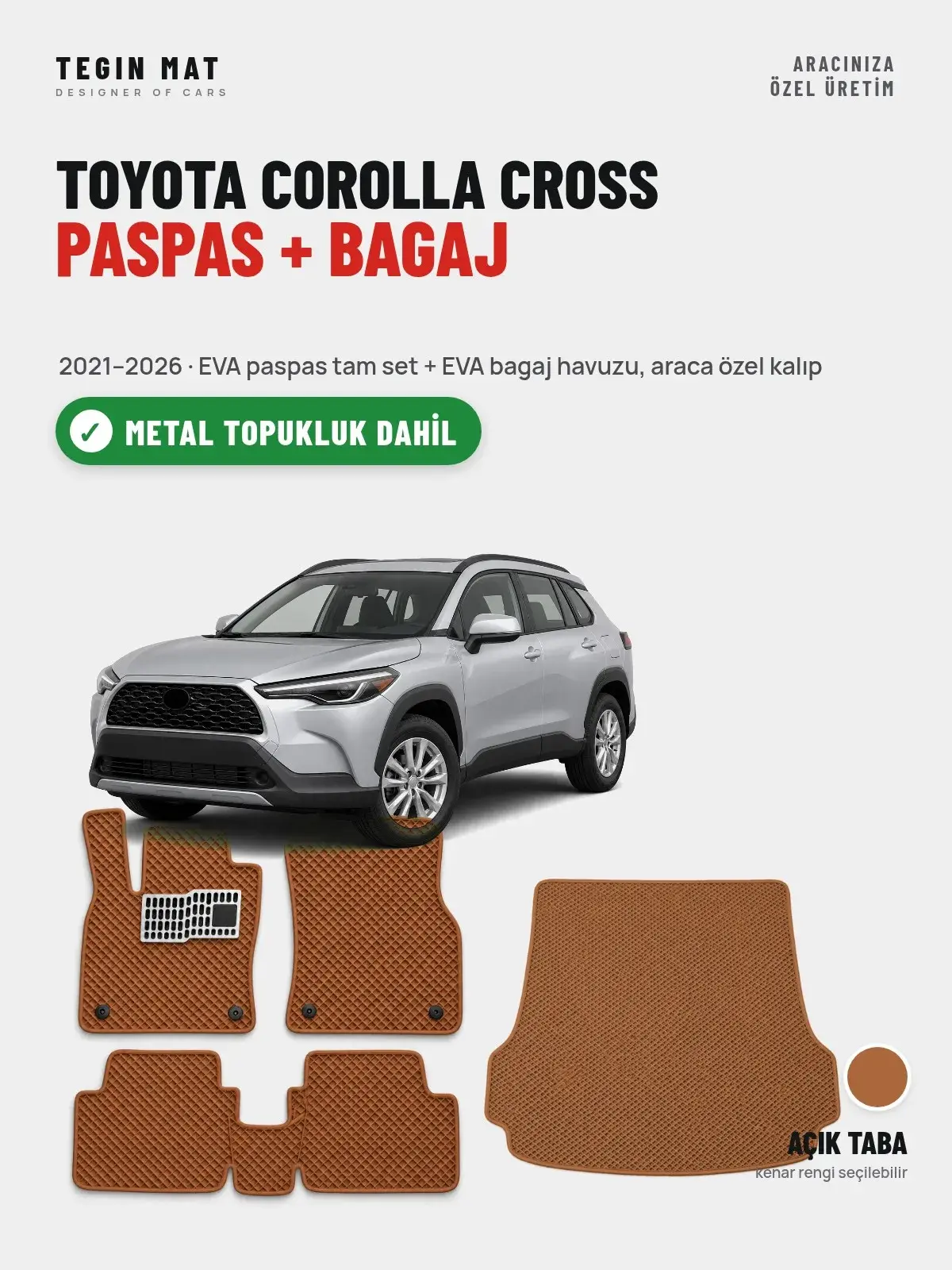 Toyota Corolla Cross EVA Paspas + Bagaj Havuzu Seti (2021–2026) Açık Taba – Metal Topukluk Dahil (1)