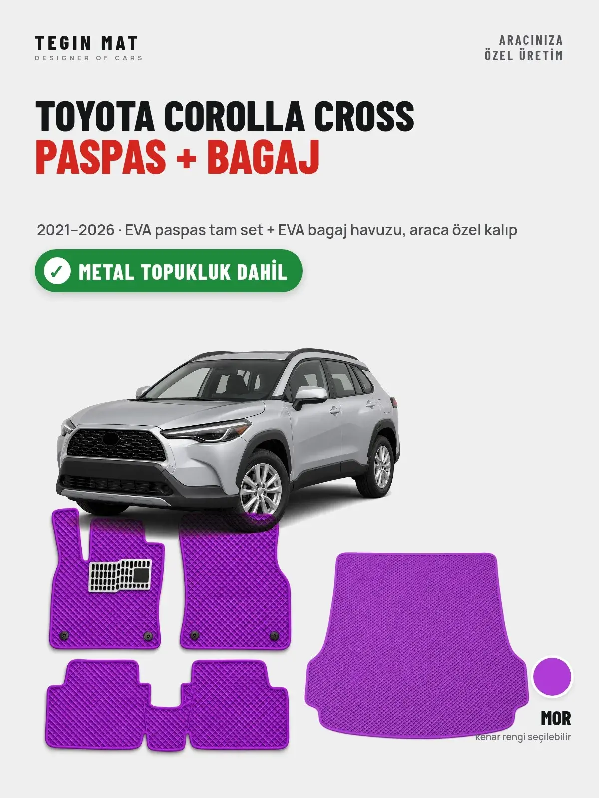 Toyota Corolla Cross EVA Paspas + Bagaj Havuzu Seti (2021–2026) Mor – Metal Topukluk Dahil (1)