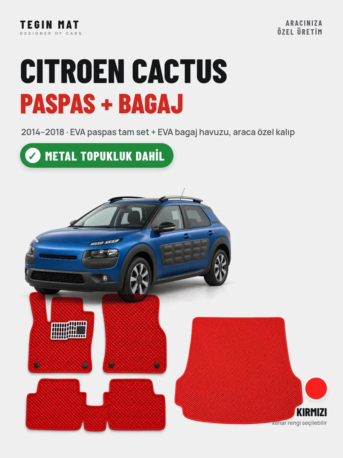 Citroen Cactus EVA Paspas + Bagaj Havuzu Seti (2014–2018) Kırmızı – Metal Topukluk Dahil (1)
