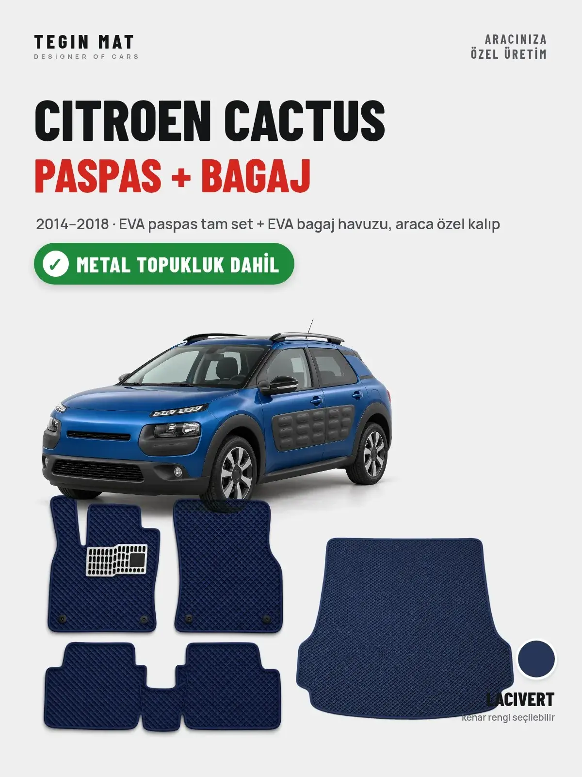 Citroen Cactus EVA Paspas + Bagaj Havuzu Seti (2014–2018) Lacivert – Metal Topukluk Dahil (1)