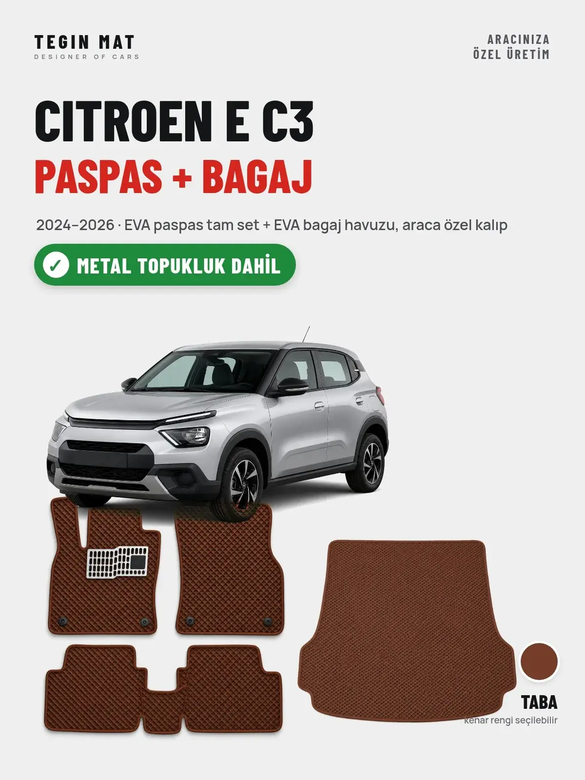 Citroen E C3 EVA Paspas + Bagaj Havuzu Seti (2024–2026) Taba – Metal Topukluk Dahil (1)