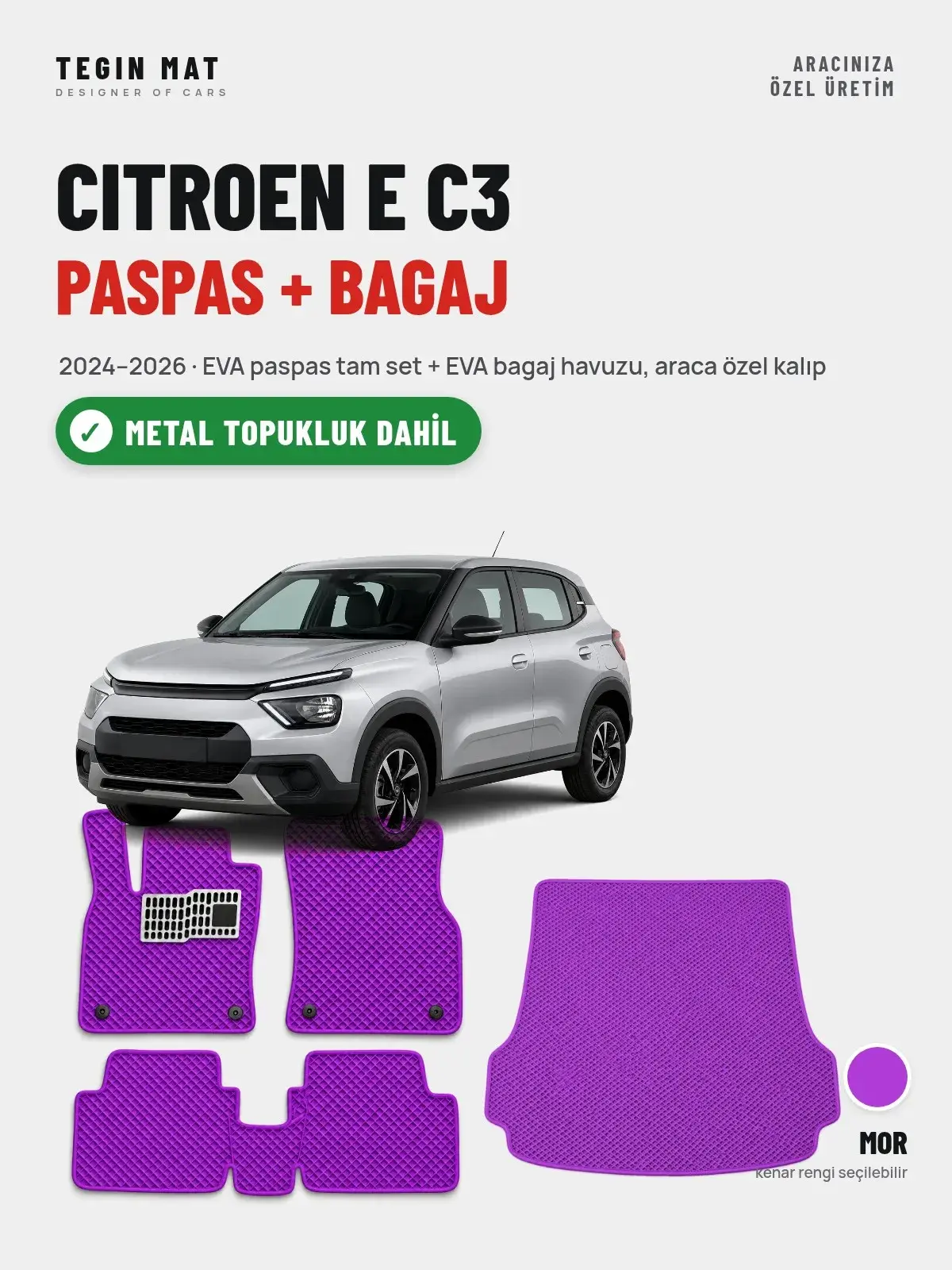 Citroen E C3 EVA Paspas + Bagaj Havuzu Seti (2024–2026) Mor – Metal Topukluk Dahil (1)