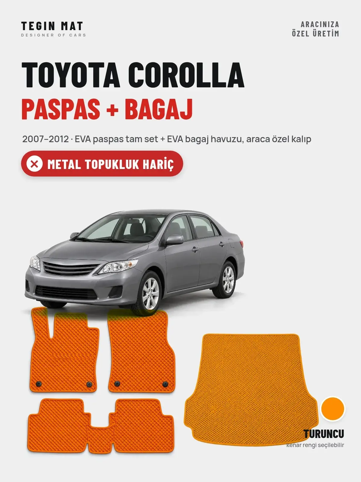 Toyota Corolla EVA Paspas + Bagaj Havuzu Seti (2007–2012) Turuncu – Metal Topukluk Hariç (1)