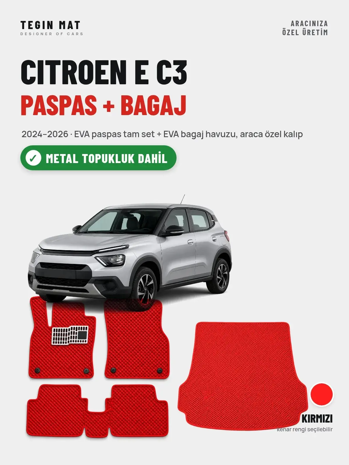 Citroen E C3 EVA Paspas + Bagaj Havuzu Seti (2024–2026) Kırmızı – Metal Topukluk Dahil (1)