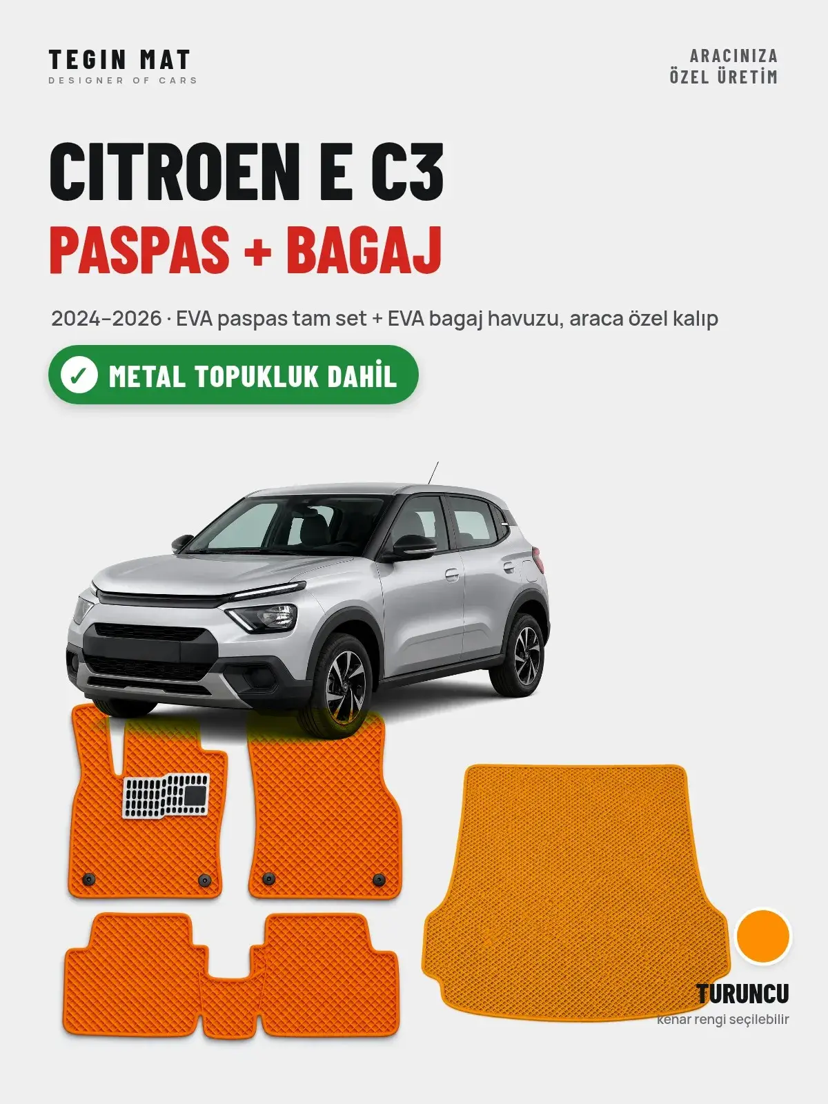 Citroen E C3 EVA Paspas + Bagaj Havuzu Seti (2024–2026) Turuncu – Metal Topukluk Dahil (1)