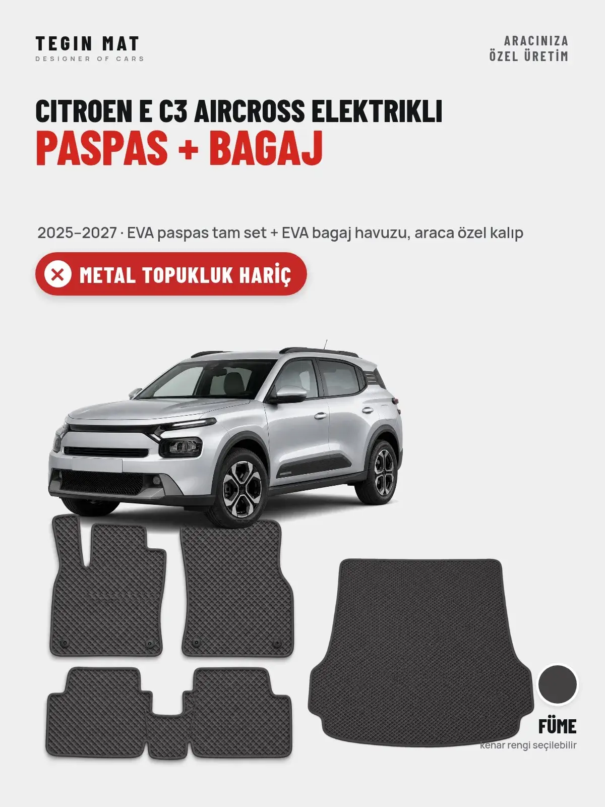 Citroen E C3 Aircross Elektrikli EVA Paspas + Bagaj Havuzu Seti (2025–2027) Füme – Metal Topukluk Hariç (1)