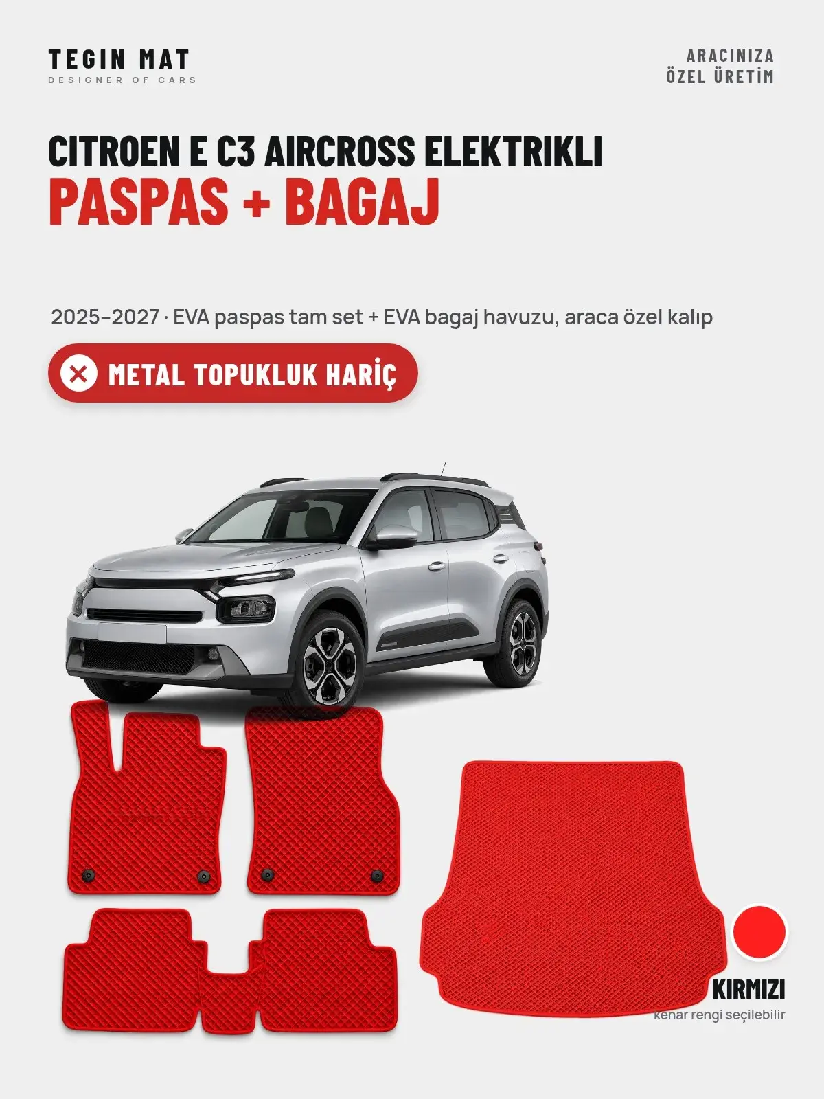 Citroen E C3 Aircross Elektrikli EVA Paspas + Bagaj Havuzu Seti (2025–2027) Kırmızı – Metal Topukluk Hariç (1)