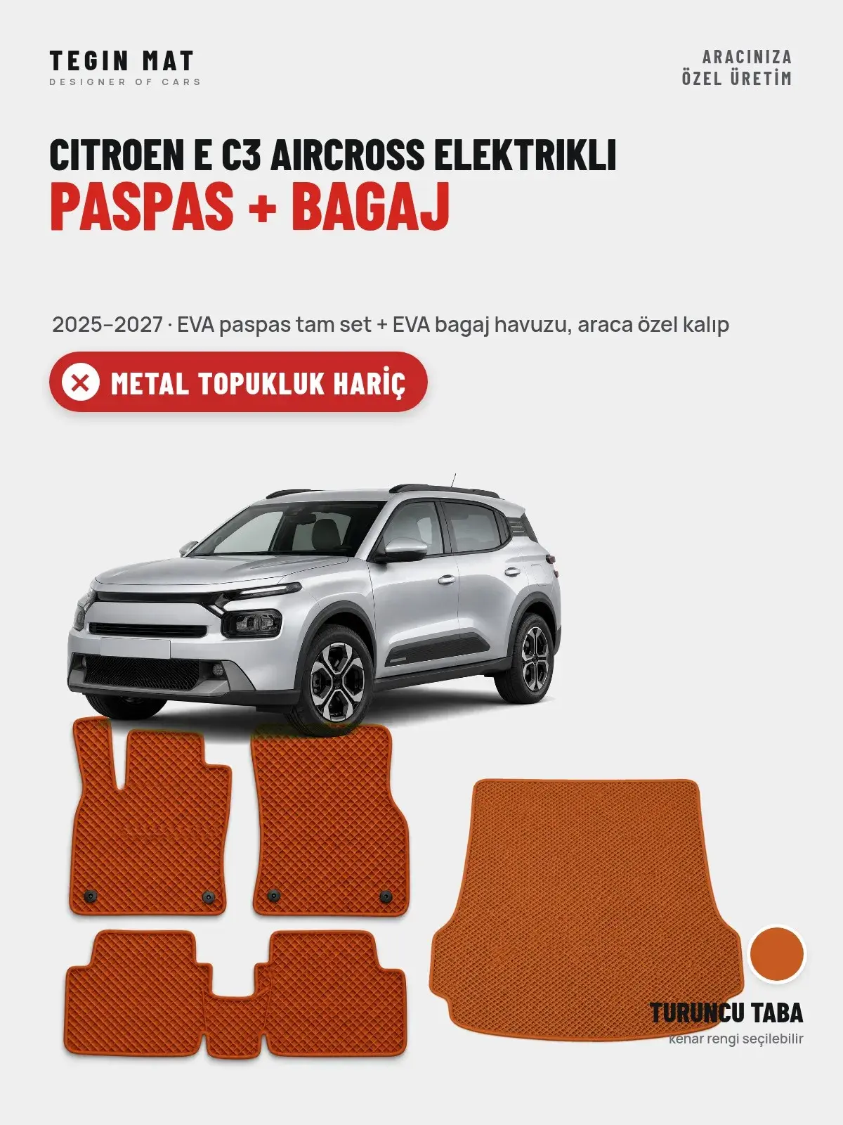 Citroen E C3 Aircross Elektrikli EVA Paspas + Bagaj Havuzu Seti (2025–2027) Turuncu Taba – Metal Topukluk Hariç (1)