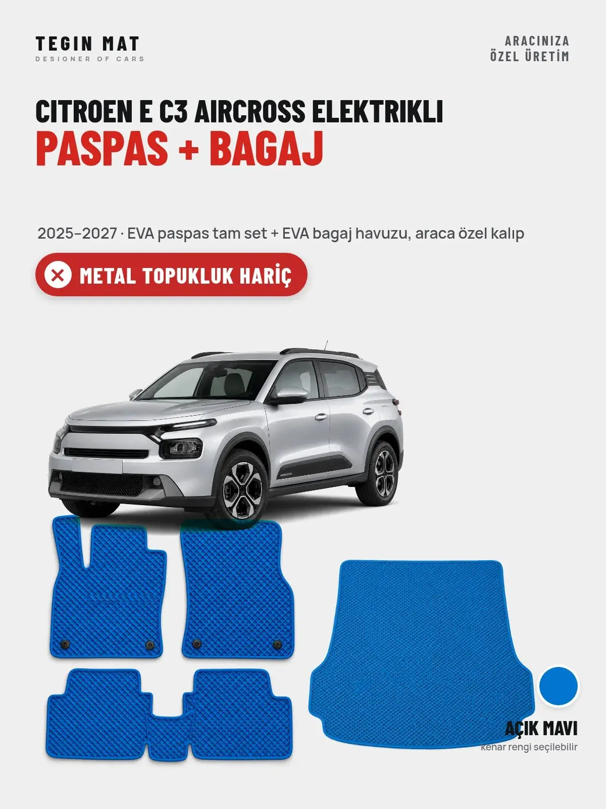 Citroen E C3 Aircross Elektrikli EVA Paspas + Bagaj Havuzu Seti (2025–2027) Açık Mavi – Metal Topukluk Hariç (1)