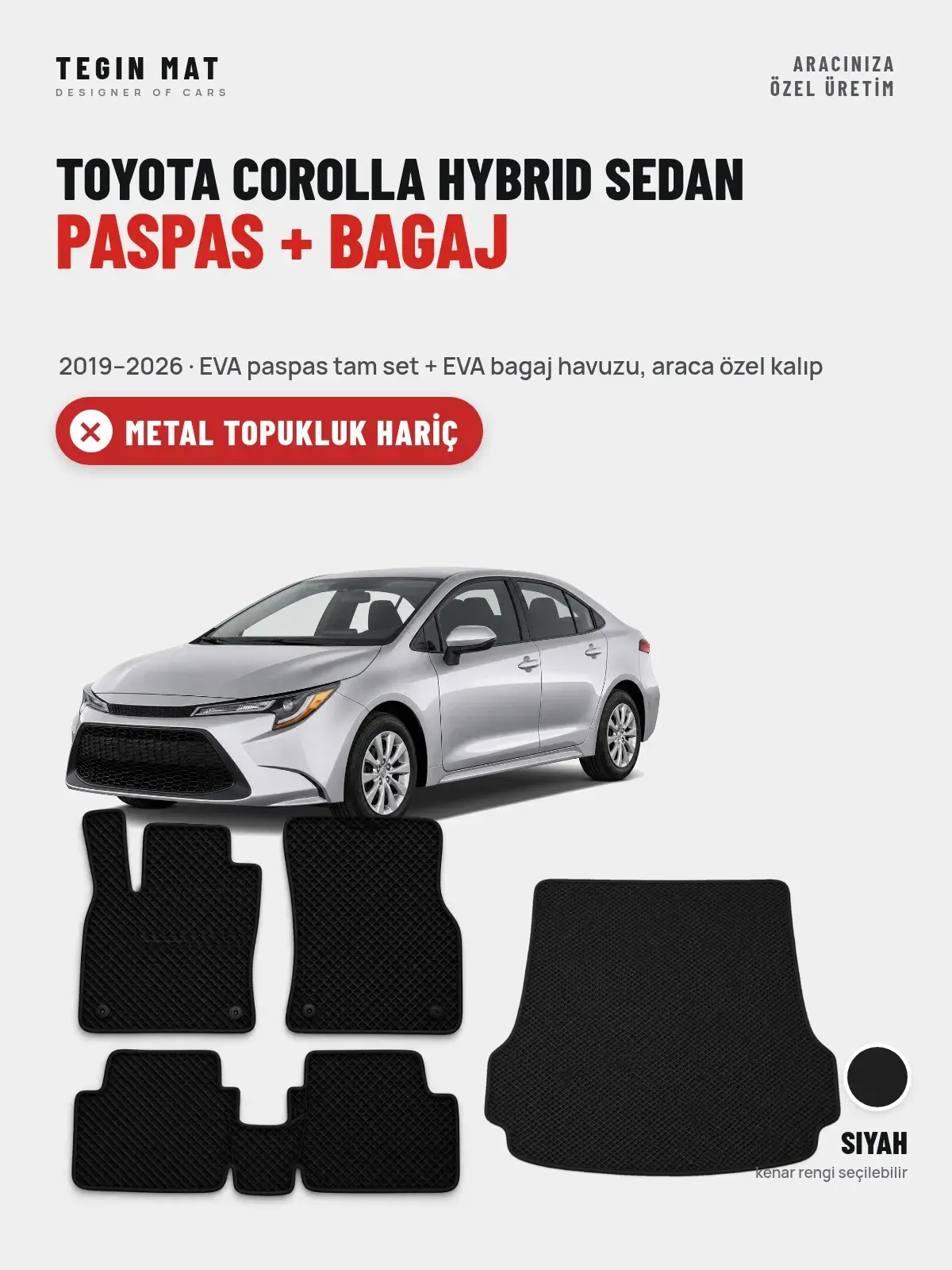 Toyota Corolla Hybrid Sedan EVA Paspas + Bagaj Havuzu Seti (2019–2026) Siyah – Metal Topukluk Hariç (1)