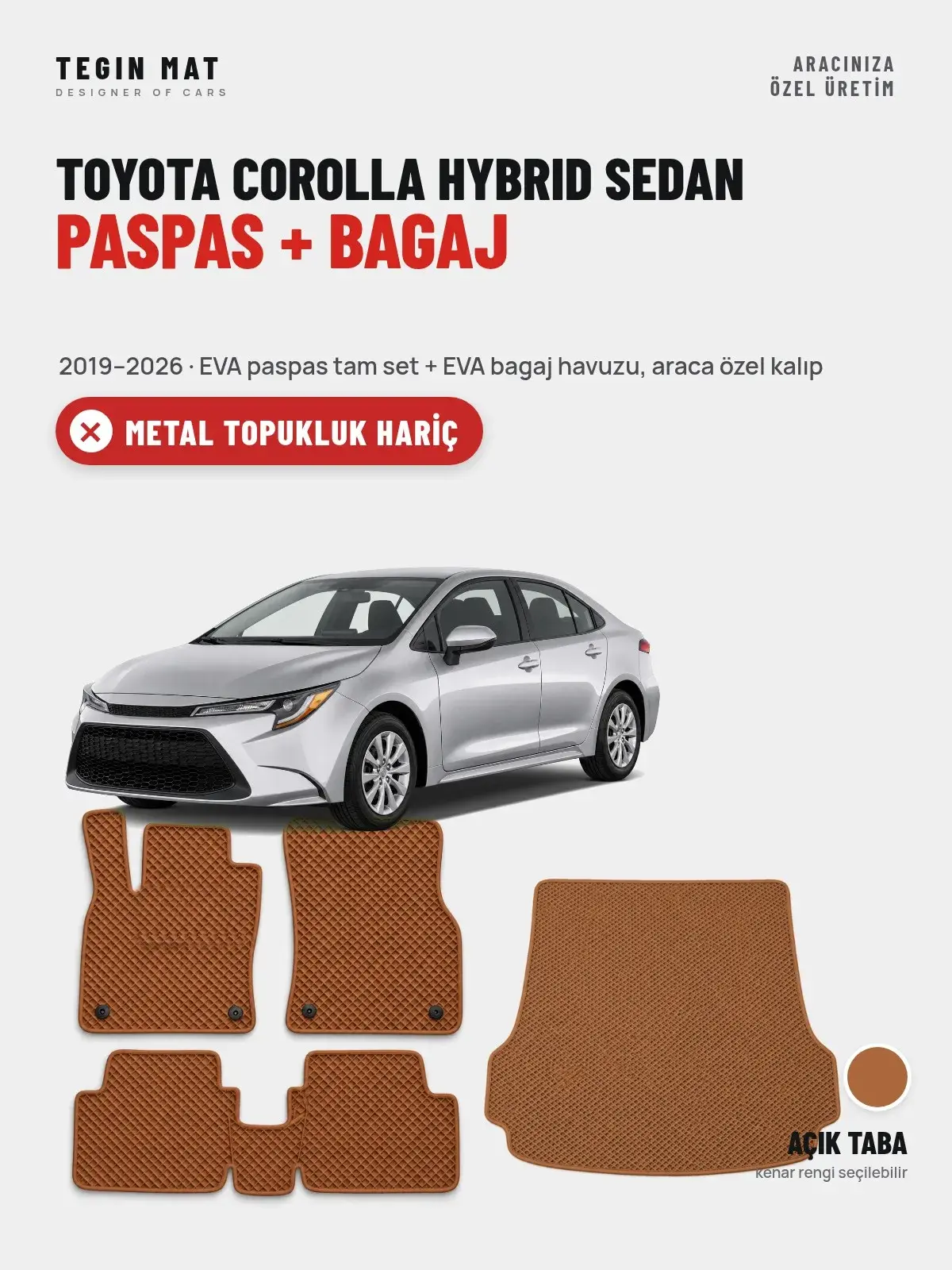 Toyota Corolla Hybrid Sedan EVA Paspas + Bagaj Havuzu Seti (2019–2026) Açık Taba – Metal Topukluk Hariç (1)