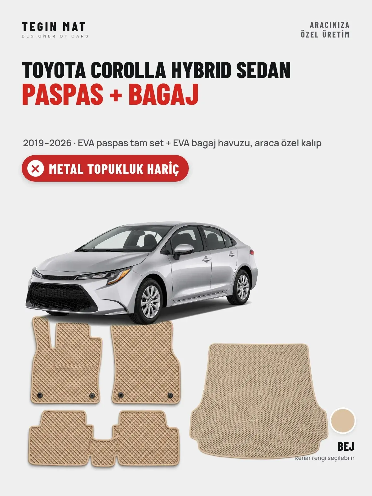 Toyota Corolla Hybrid Sedan EVA Paspas + Bagaj Havuzu Seti (2019–2026) Bej – Metal Topukluk Hariç (1)