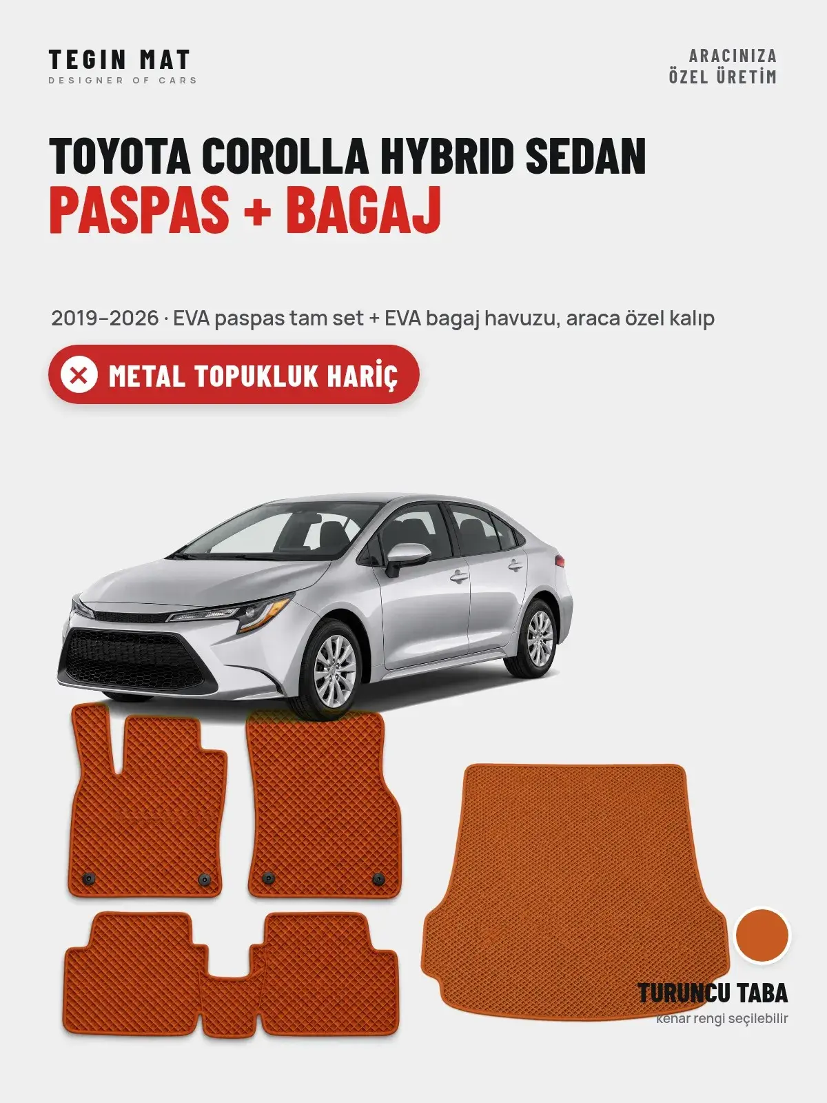 Toyota Corolla Hybrid Sedan EVA Paspas + Bagaj Havuzu Seti (2019–2026) Turuncu Taba – Metal Topukluk Hariç (1)